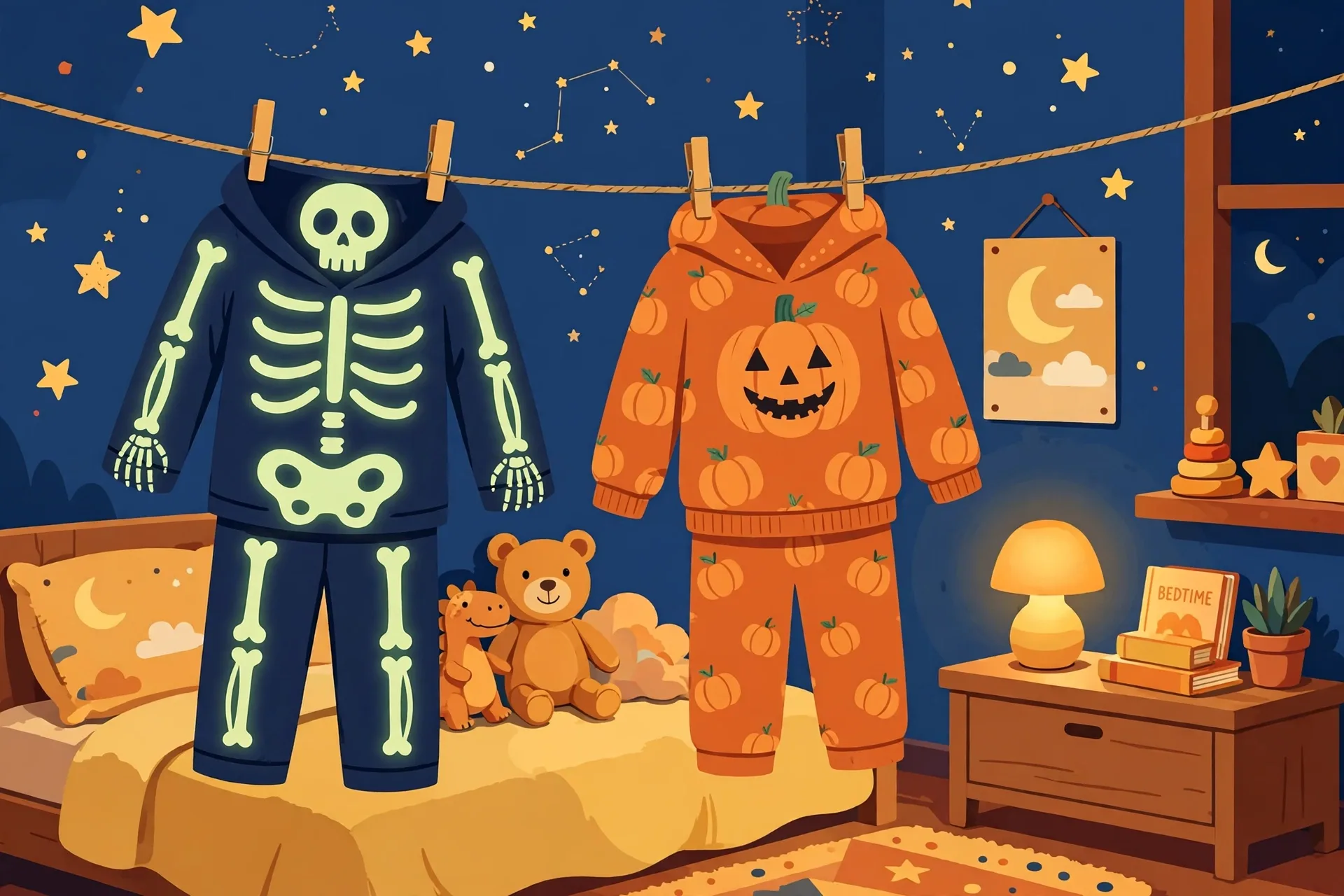 Glow-in-the-dark skeleton pajamas next to orange pumpkin pajamas on a clothesline at night
