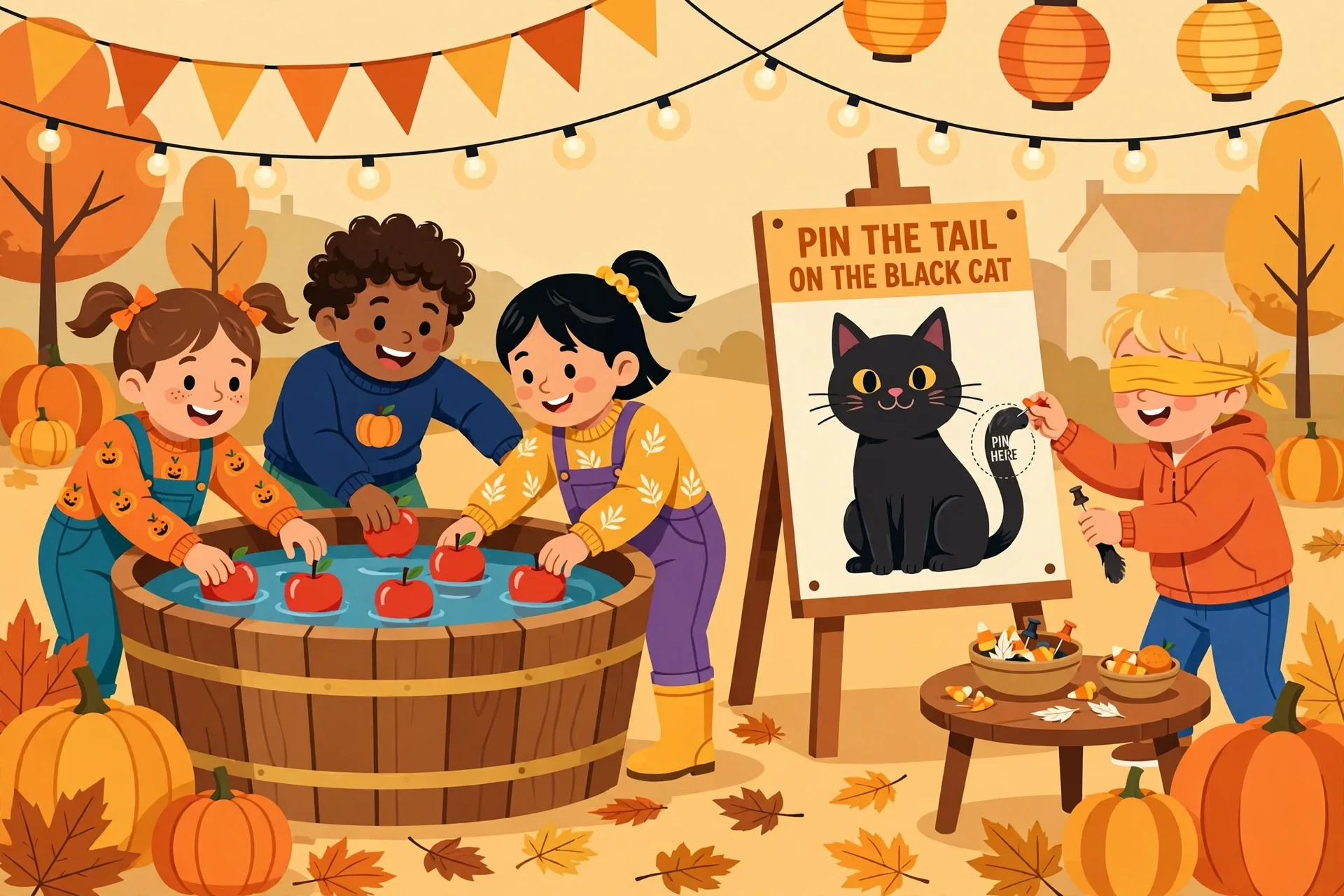 Kids bobbing for apples in a tub next to a kid playing pin the tail on the black cat