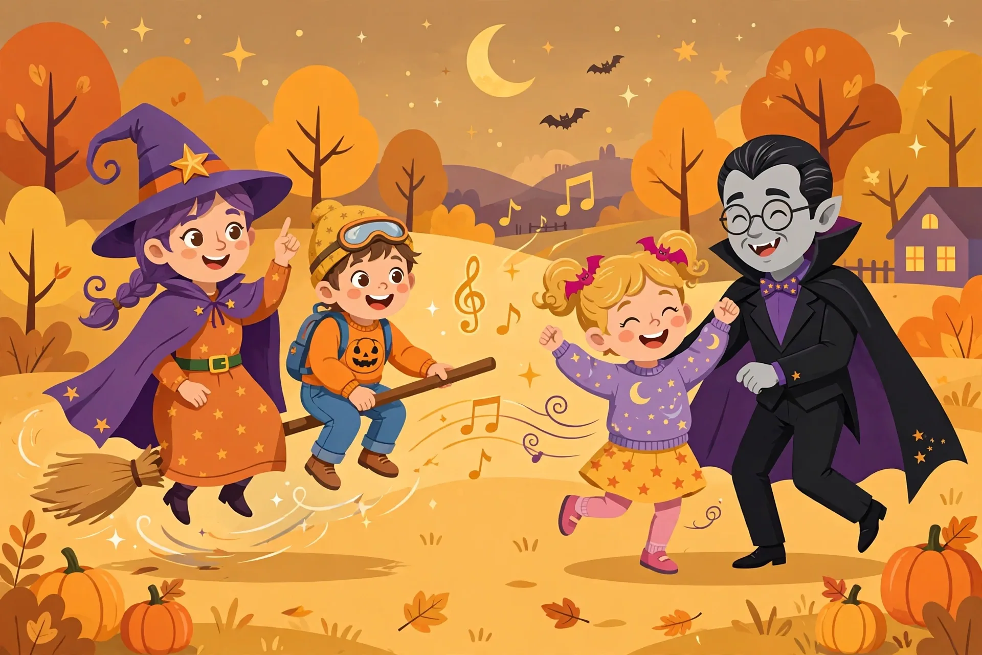 A friendly witch teaching a kid to fly next to a friendly vampire teaching a kid to dance