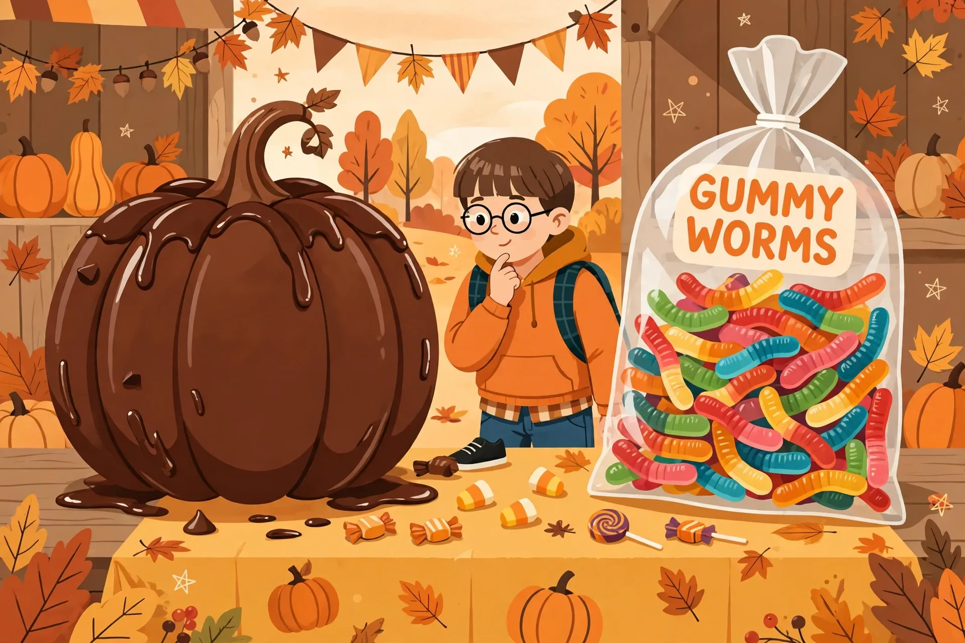 A giant chocolate pumpkin next to a big bag of colorful gummy worms at a candy table