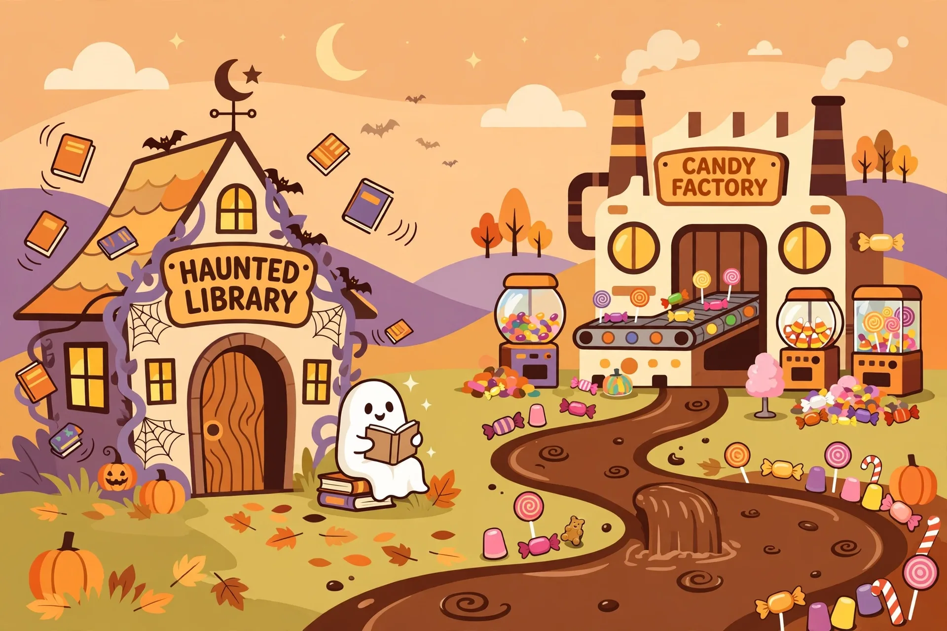 A friendly haunted library with floating books next to a candy factory with chocolate rivers