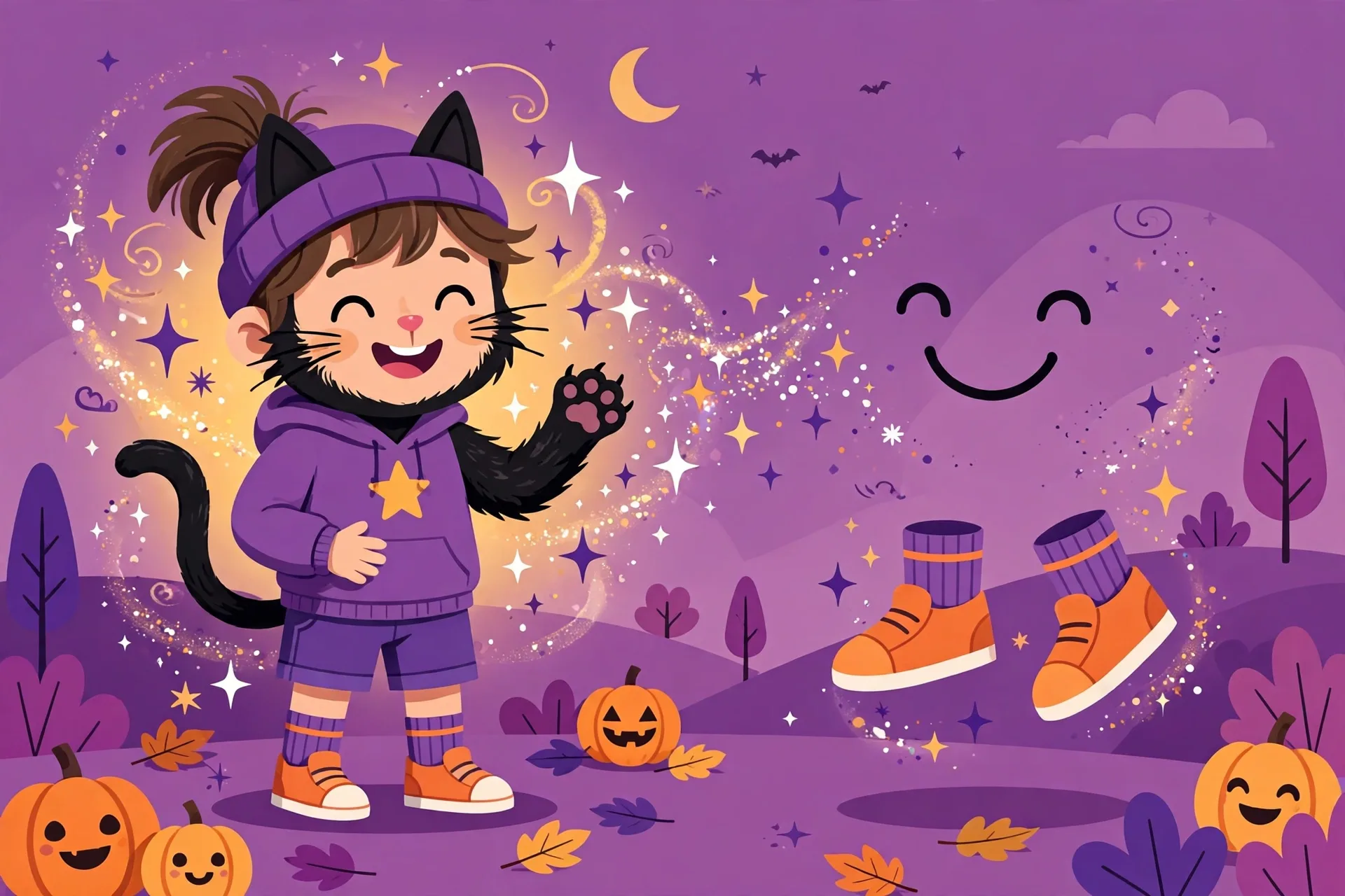 A kid turning into a black cat next to a kid turning invisible with only a smile showing