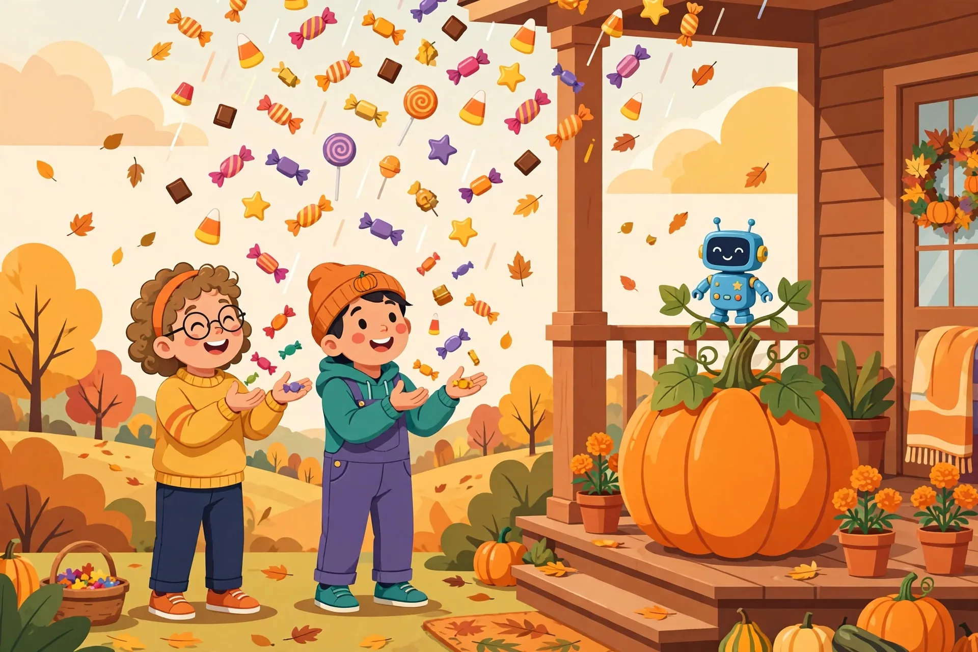 Colorful candy raining from the sky next to a pumpkin growing a brand new toy on a porch