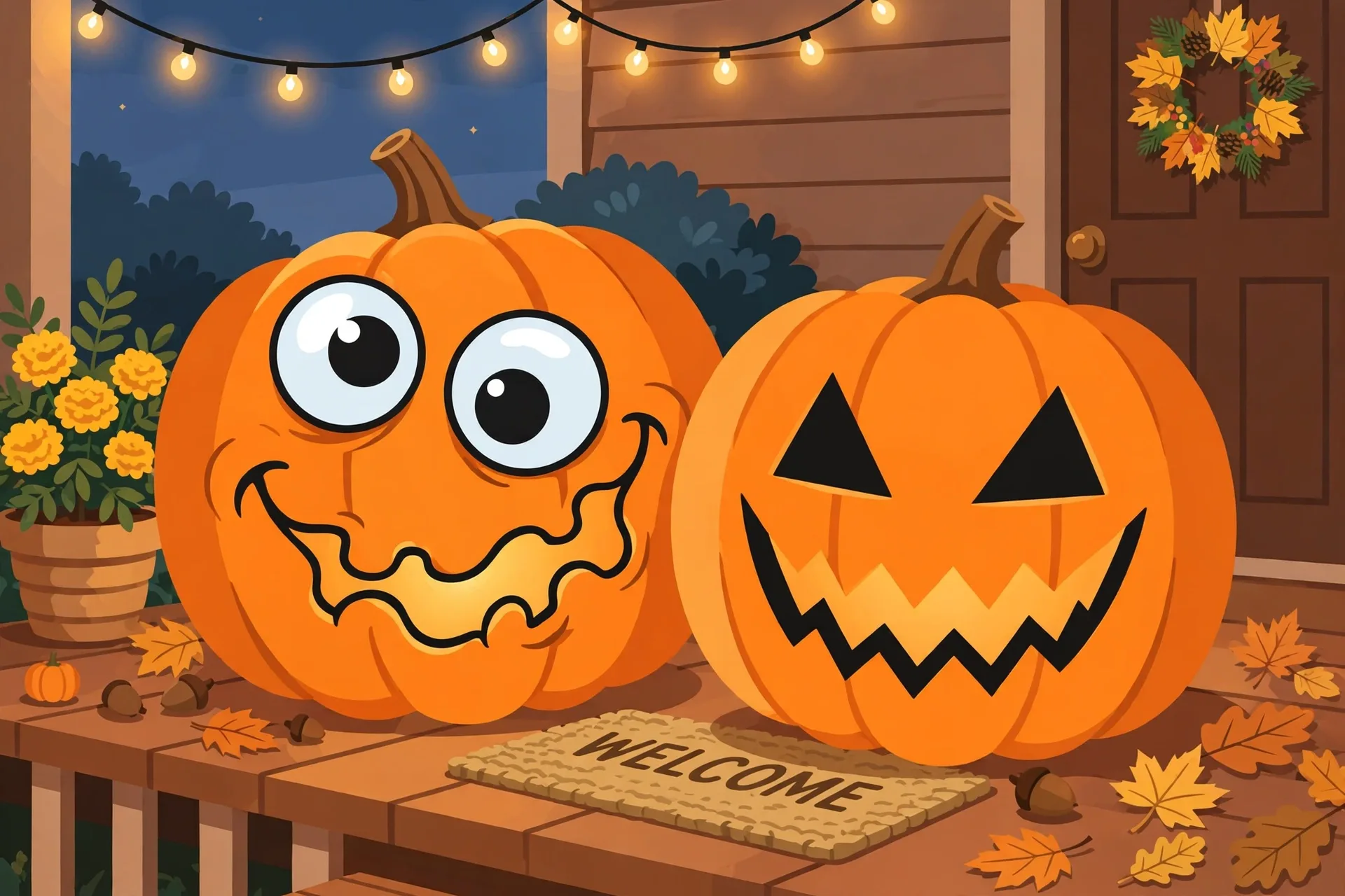 A silly-face jack-o-lantern next to a scary-face jack-o-lantern glowing on a porch