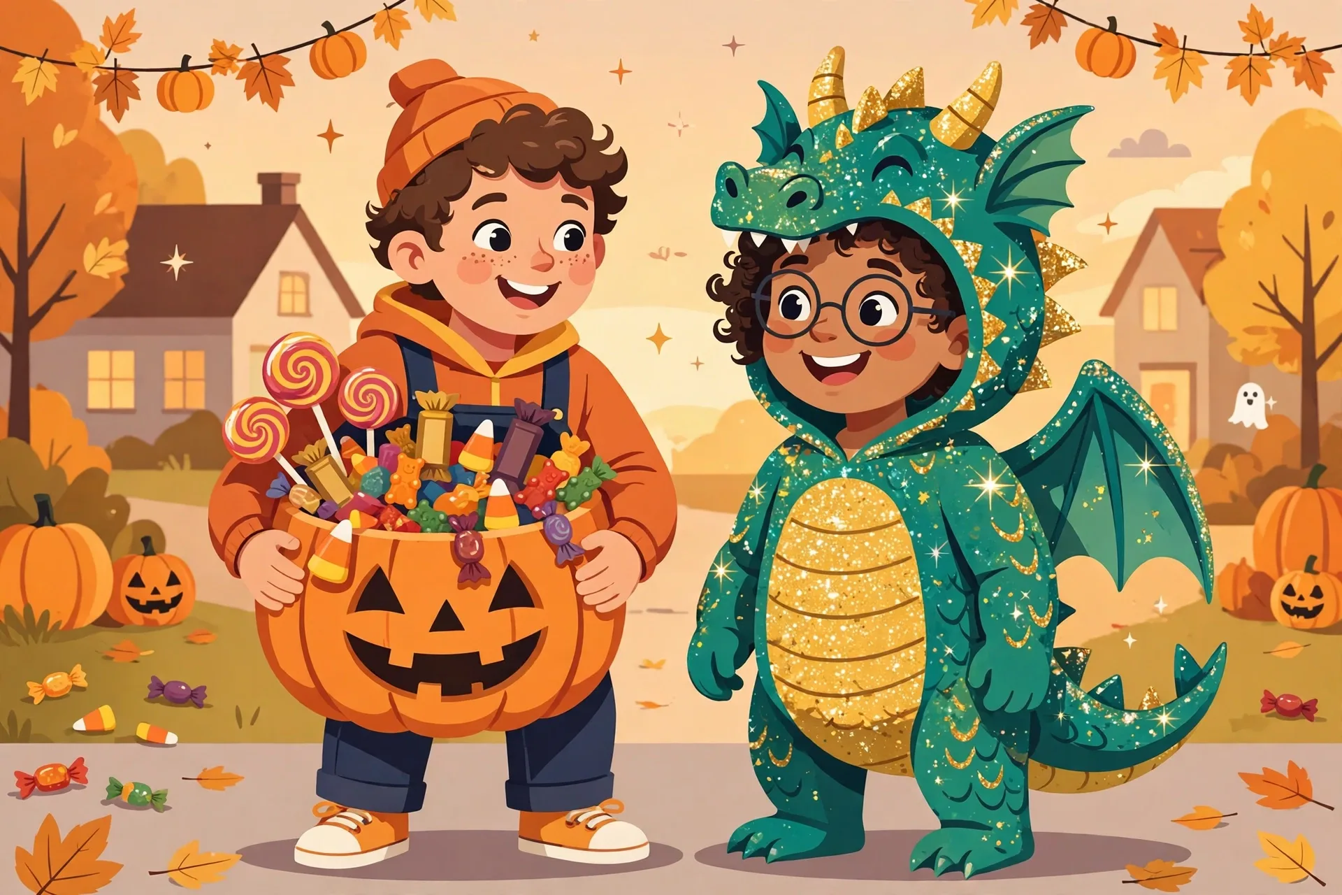 A kid with a pumpkin bucket overflowing with candy next to a kid in a glittering dragon costume