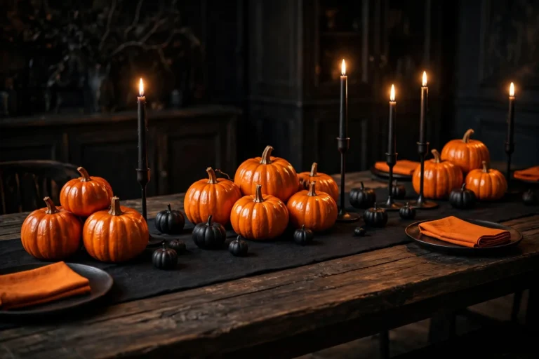 A moody orange-and-black Halloween dining table with a black runner, glossy orange pumpkins, black taper candles and warm candlelight