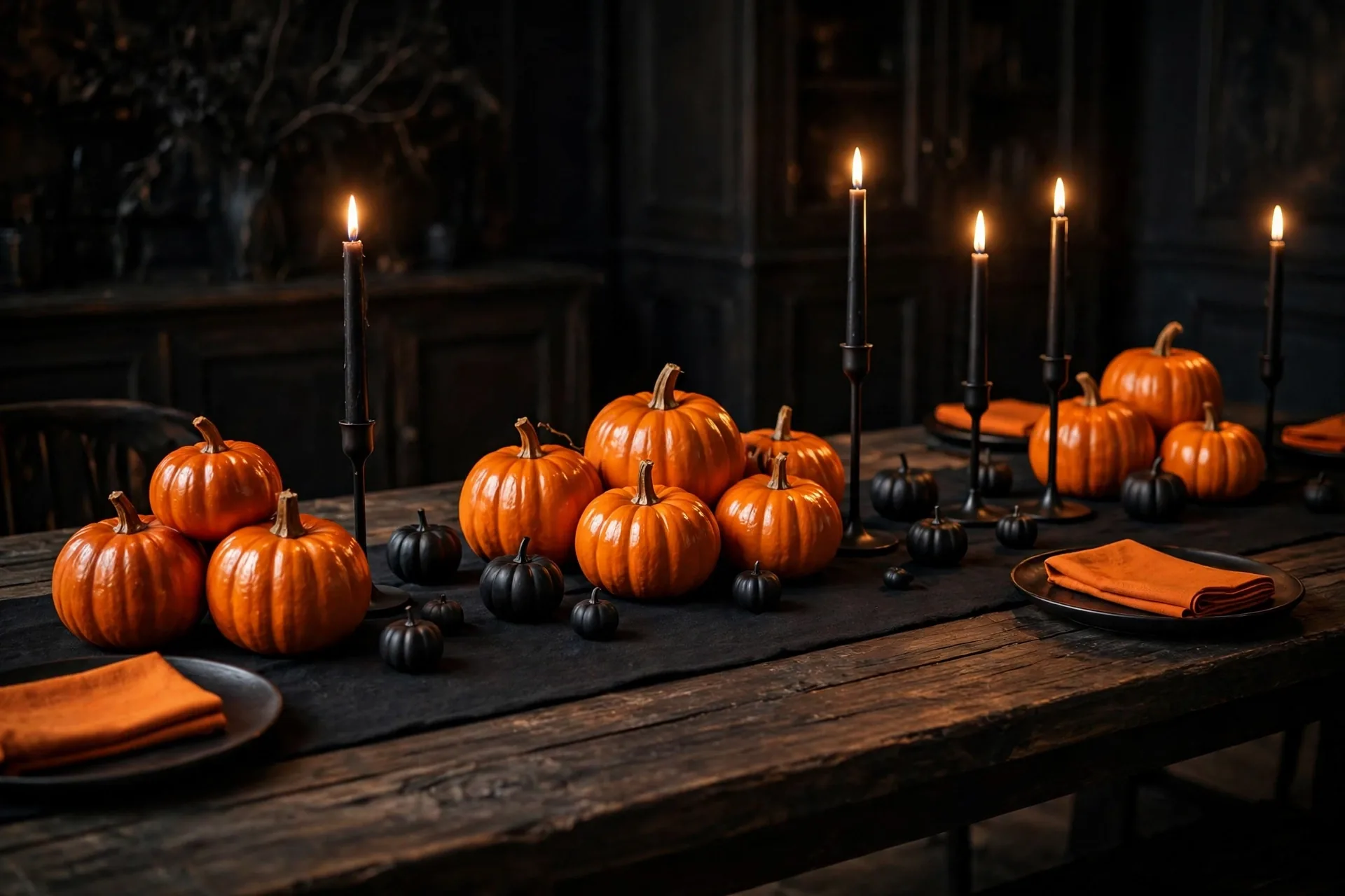 A moody orange-and-black Halloween dining table with a black runner, glossy orange pumpkins, black taper candles and warm candlelight