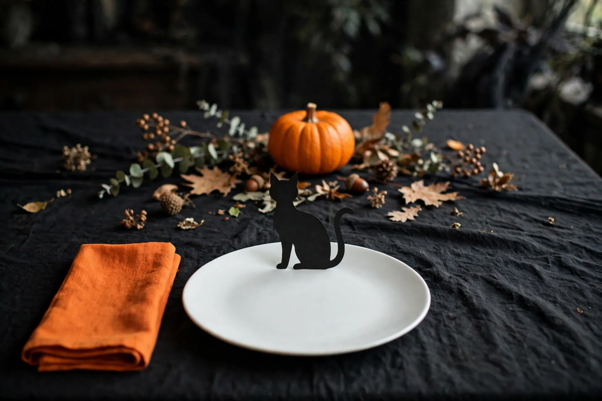 A Halloween place setting with a black paper cat silhouette standing at the top of a white plate on a black tablecloth