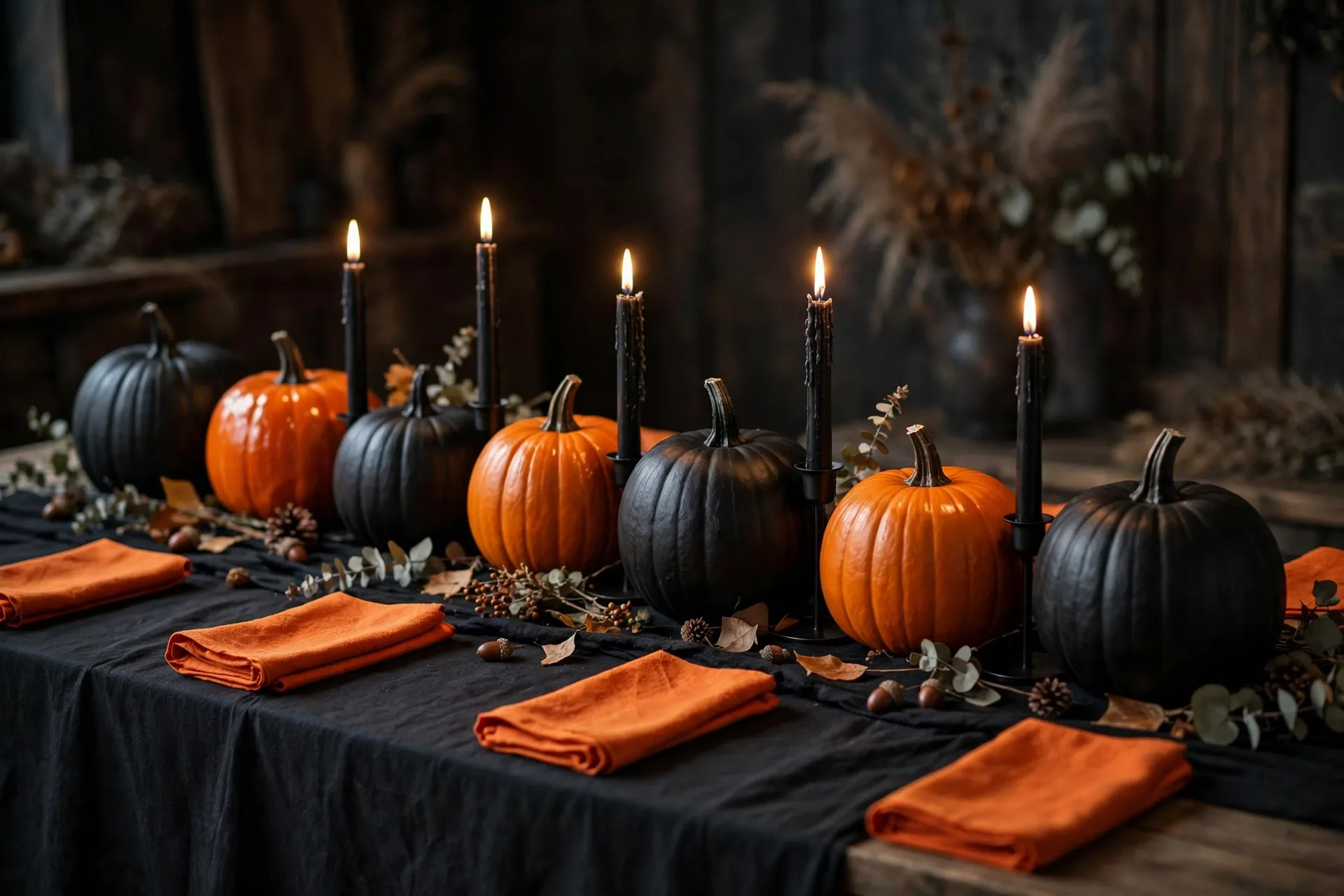 A Halloween tablescape with matte black pumpkins mixed with glossy orange pumpkins, black taper candles and orange napkins