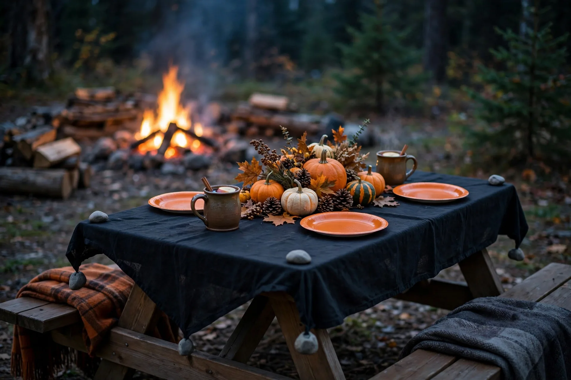 An outdoor Halloween bonfire picnic table at dusk with a black cloth, orange paper plates, pumpkins and pinecones