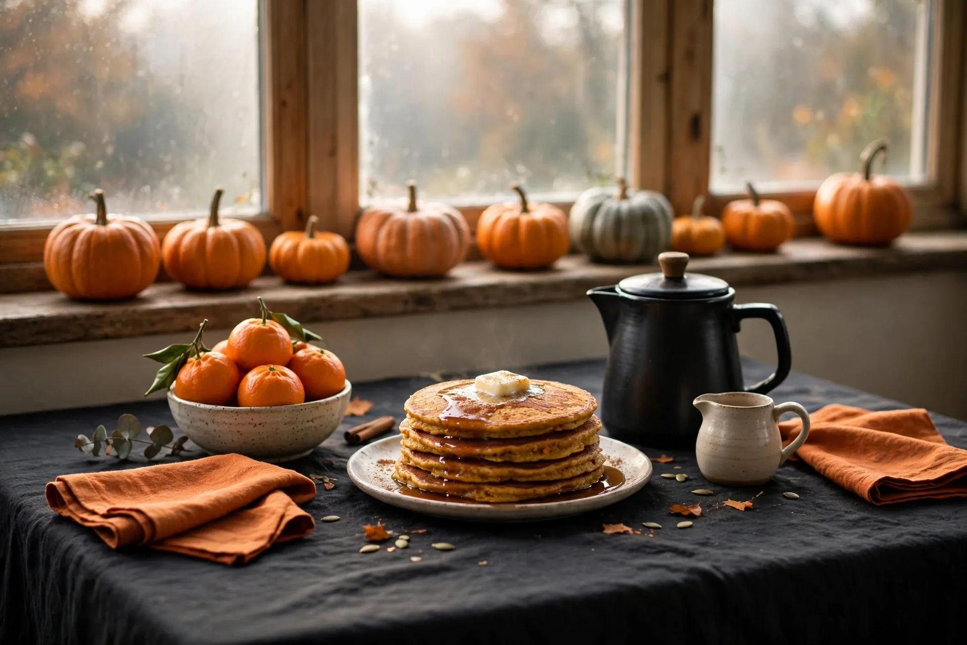 A calm November first brunch table with a black cloth, orange napkins, clementines, pumpkin pancakes and coffee