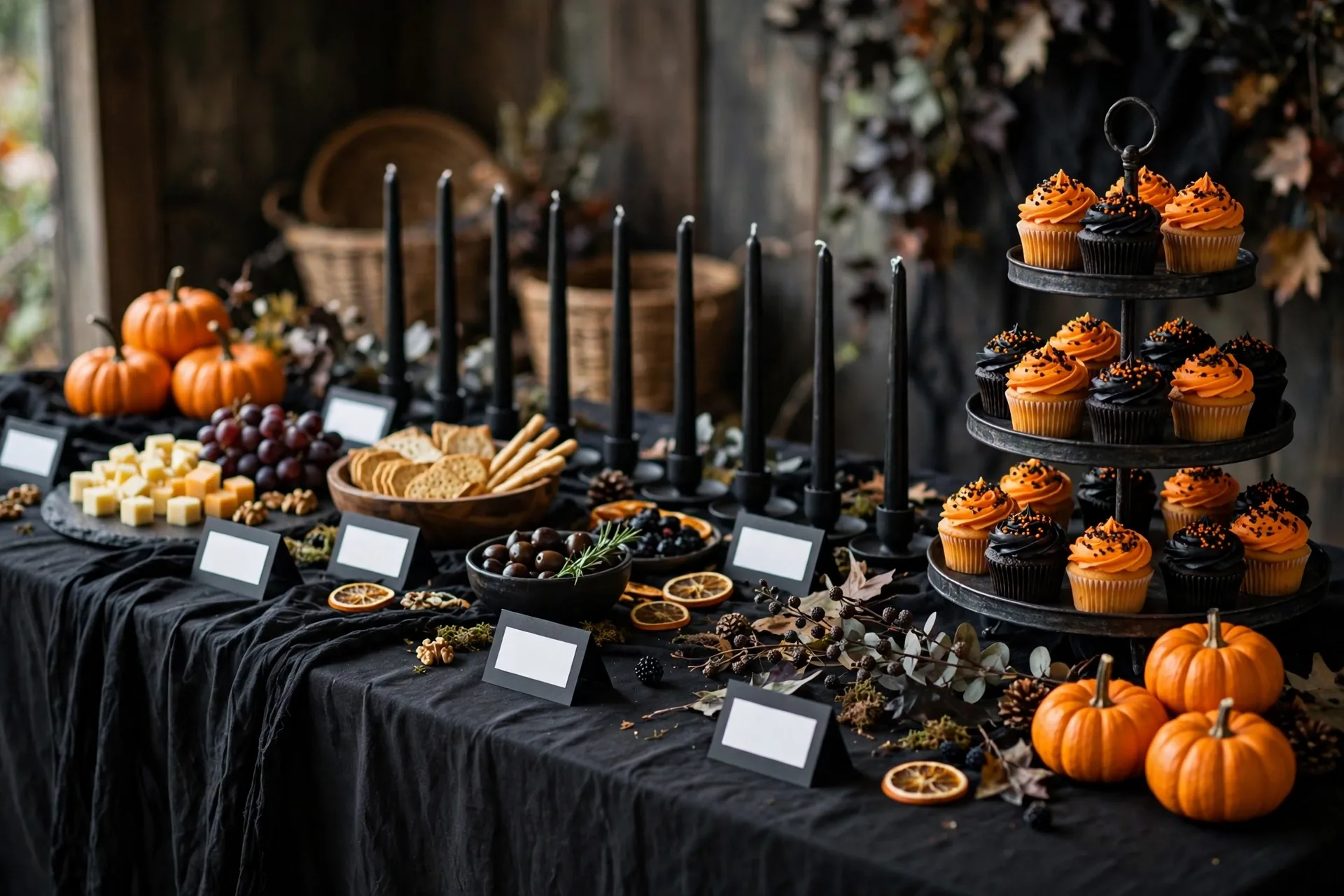 A Halloween buffet table with a black cloth, a tiered stand of orange and black cupcakes, black taper candles and orange mini pumpkins