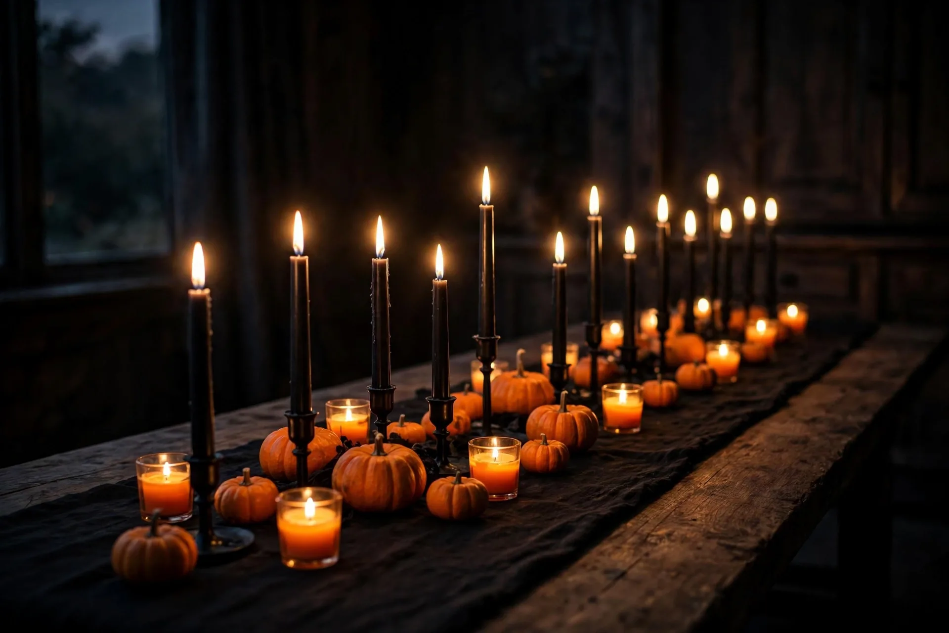 A Halloween tablescape at dusk with a row of glowing black taper candles and small orange votive holders between orange mini pumpkins