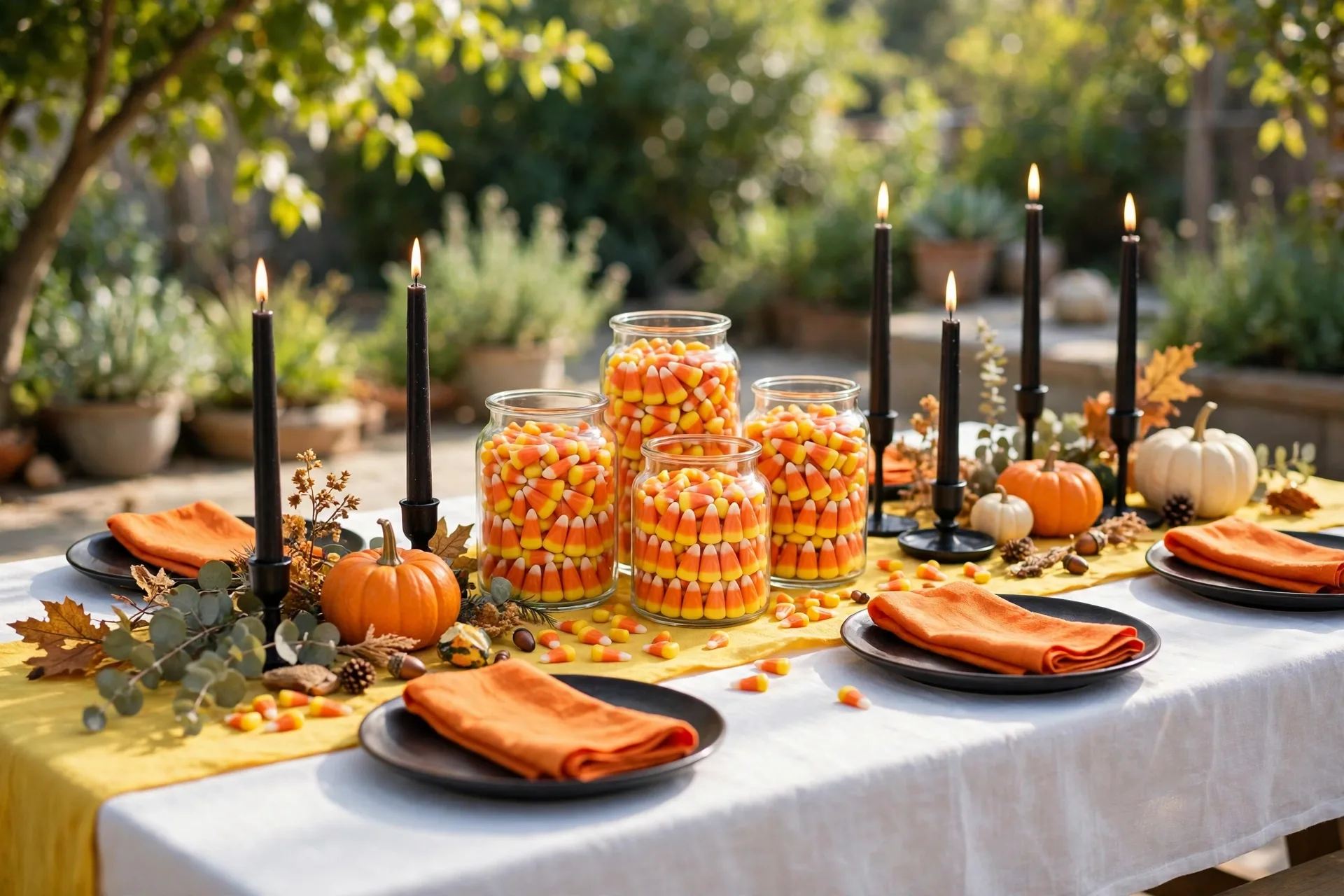 A sweet Halloween candy corn table with a white cloth, yellow runner and glass jars filled with layered candy corn
