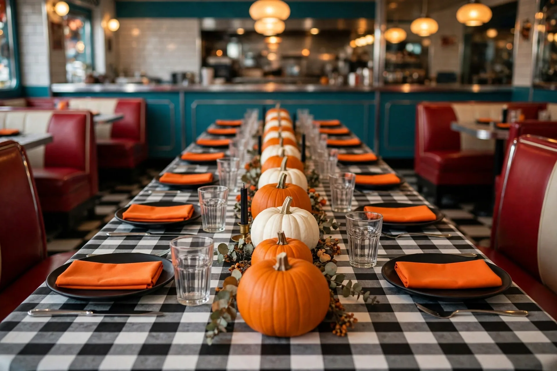 A bold retro Halloween party table with a black and white checkerboard cloth, orange napkins and alternating orange and white pumpkins