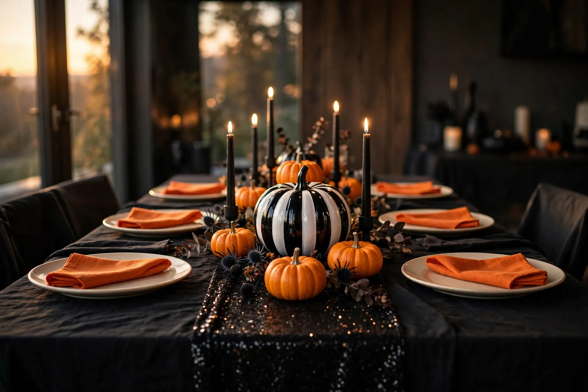 A black-led Halloween tablescape with a black sequin runner, cream plates, folded orange napkins, a line of orange mini pumpkins and black taper candles