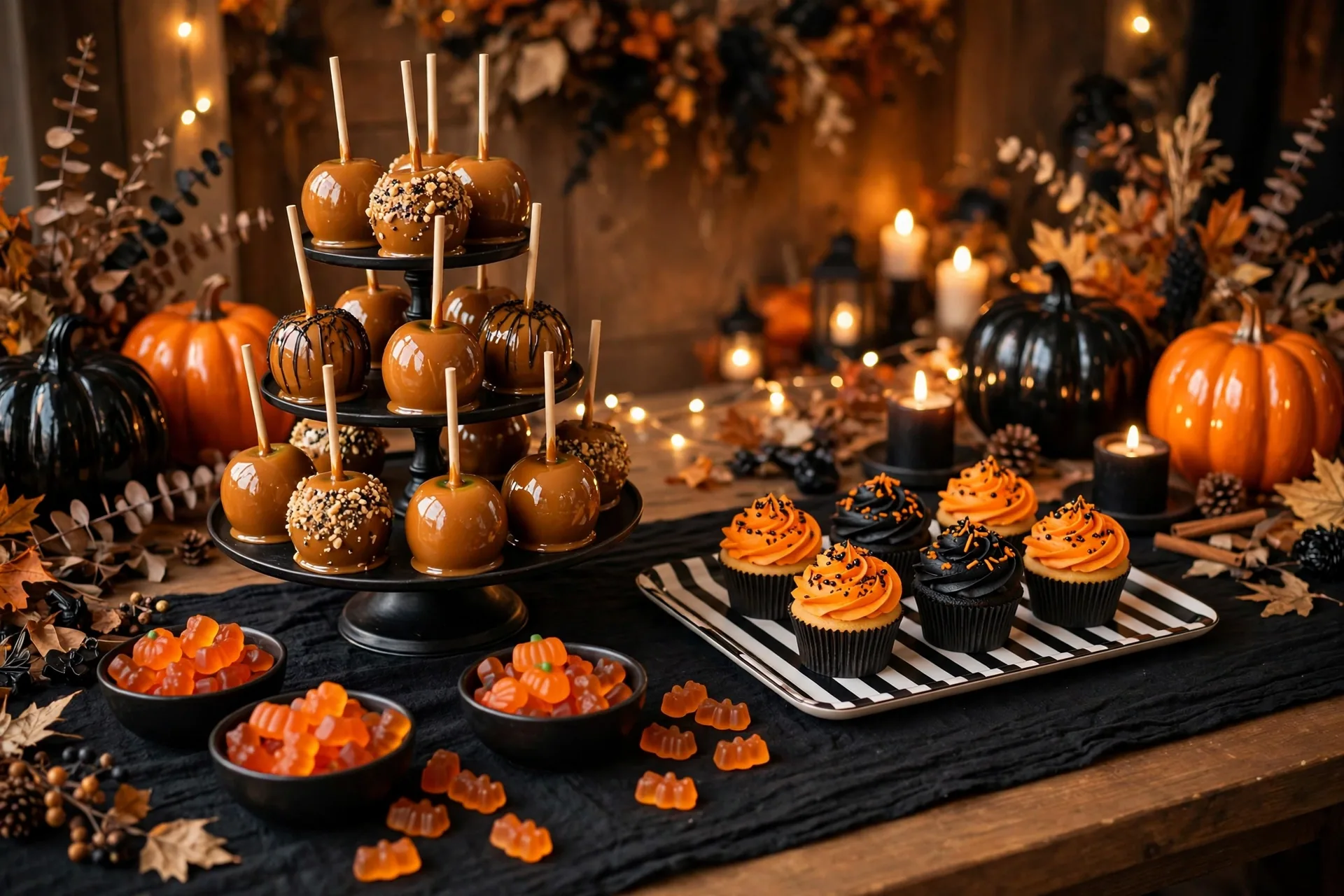 An orange-and-black Halloween dessert table with a black cake stand of caramel apples, a striped tray of cupcakes and glossy pumpkins