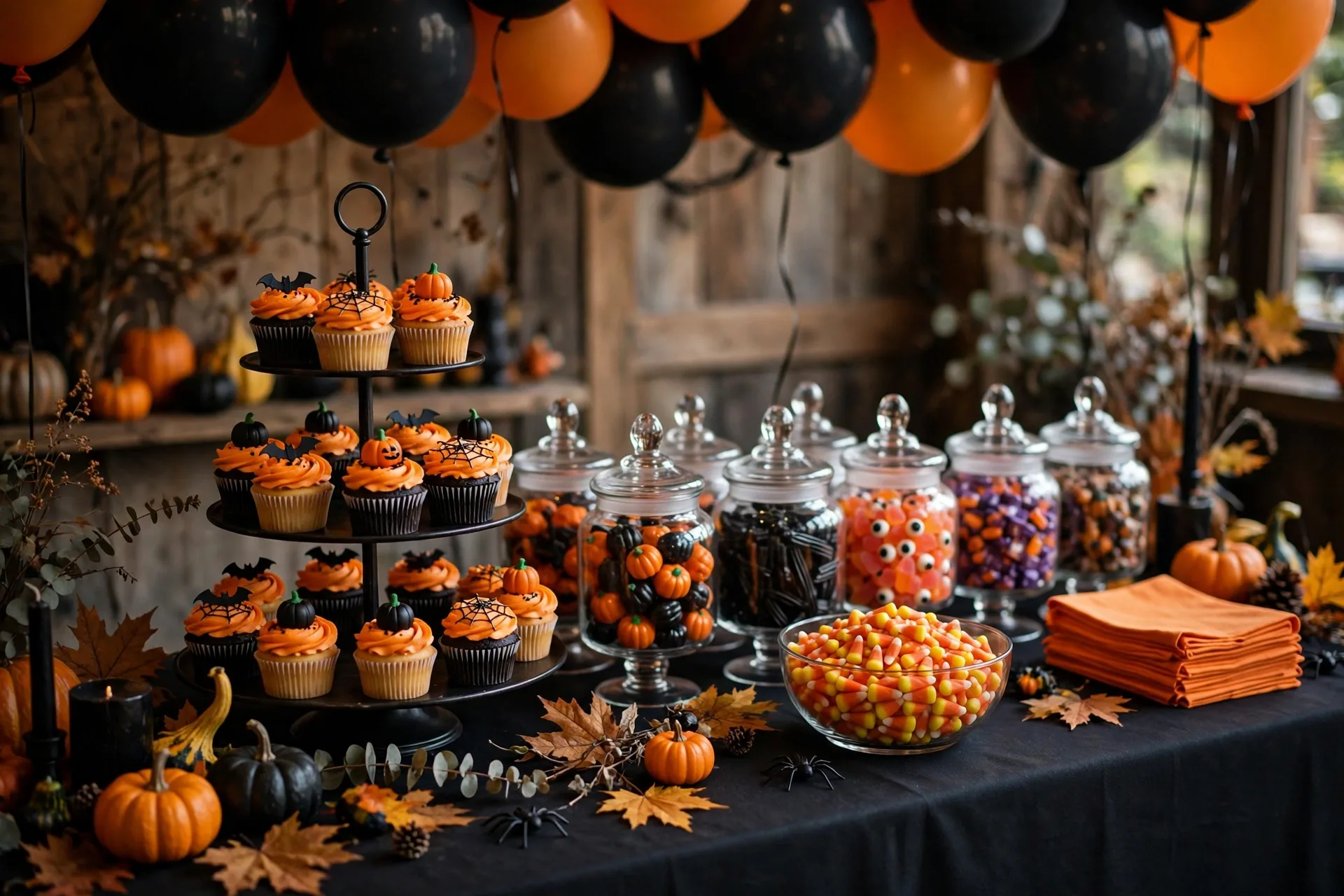 A Halloween trick-or-treat dessert bar with a black cloth, tiered cupcakes, candy jars and black and orange balloons