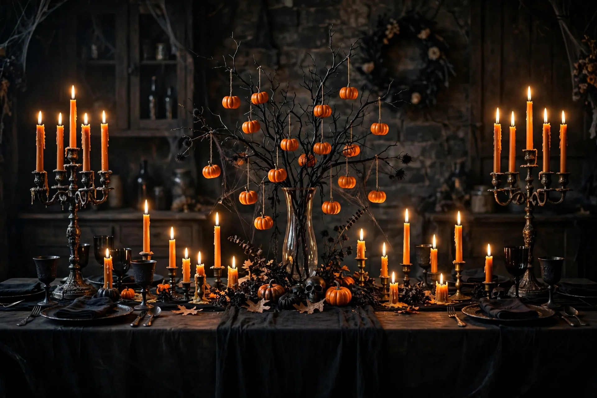 A dramatic haunted Halloween dinner party table with candelabras, orange taper candles and black branches with tiny orange pumpkins