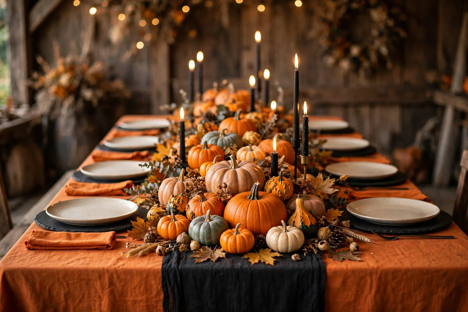 A harvest Halloween feast table with an orange tablecloth, black runner, black chargers and a loose pile of real pumpkins down the center