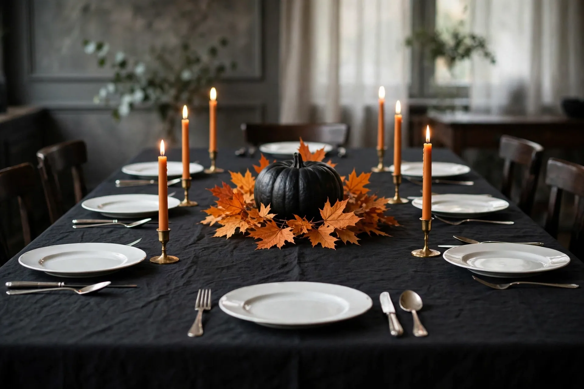 A formal black linen Halloween dinner table with white plates, one orange taper candle at every place setting and a single black pumpkin at the center