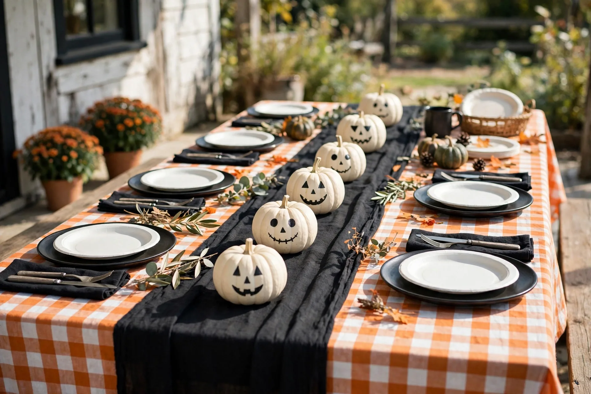 A farmhouse Halloween lunch table with an orange and white gingham cloth, black plates and small white pumpkins with black faces