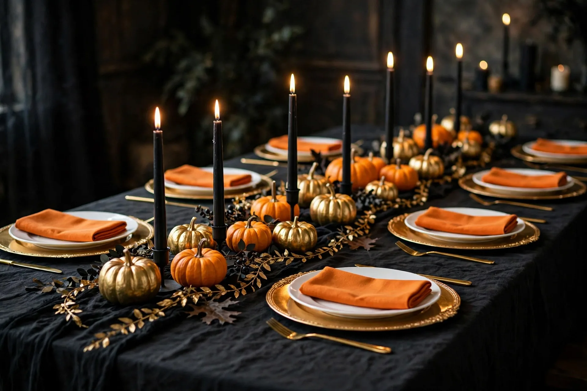 A black and gold Halloween dinner table with gold chargers under white plates, orange napkins and a gold garland between black taper candles