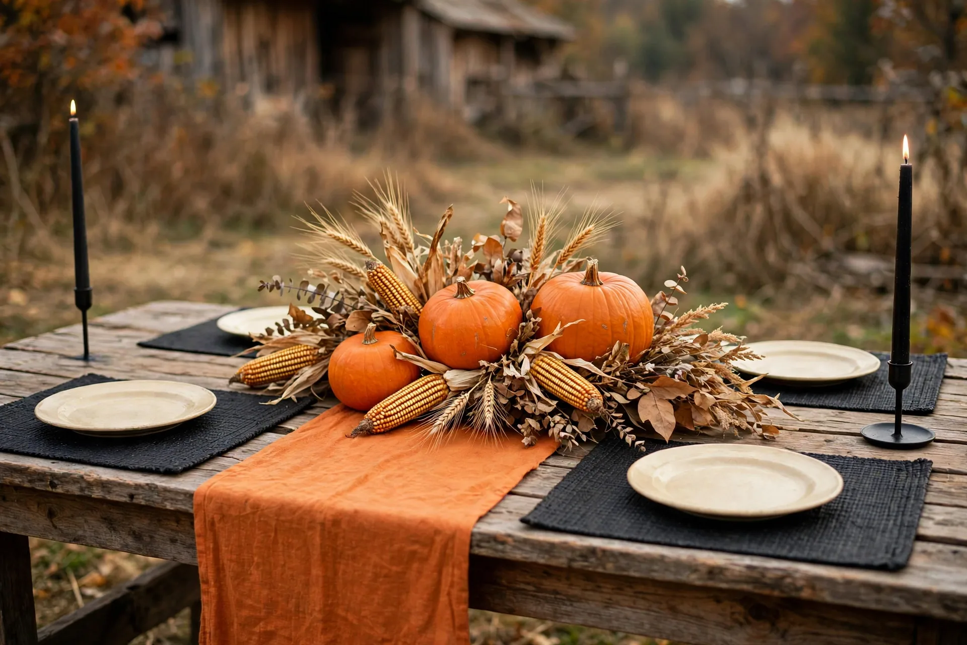 A harvest Halloween table with a wide orange runner on a bare wood table, dried corn, wheat stalks and three orange pumpkins
