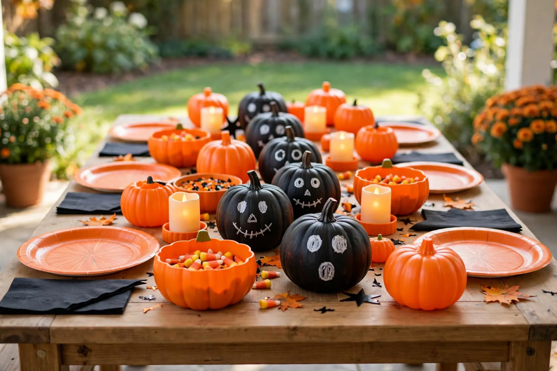 A kid-friendly orange-and-black Halloween kids' table with paper plates, hand-painted black pumpkins with white faces and glowing flameless candles