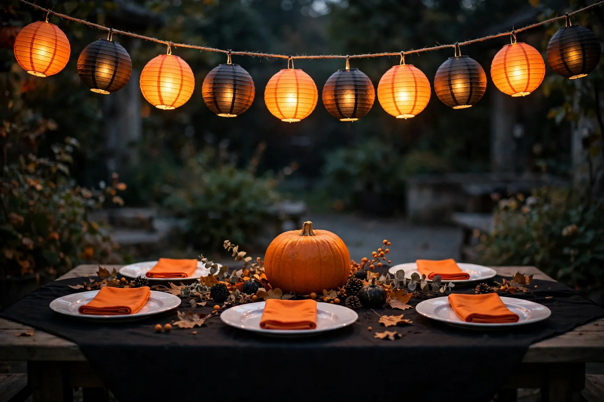 A festive Halloween dinner table with orange and black paper lanterns hanging low overhead and one orange pumpkin in the middle