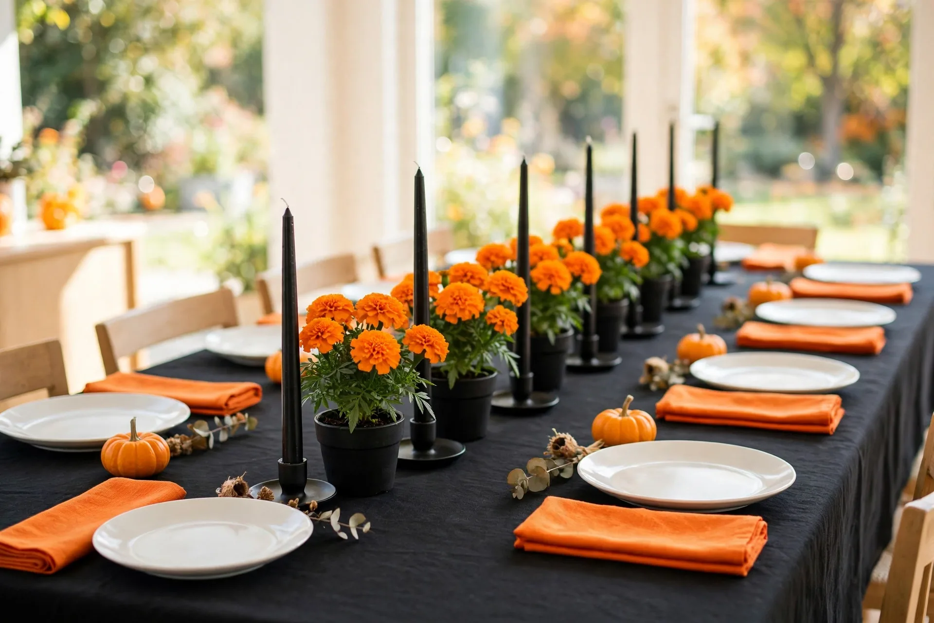 A fresh Halloween dining table with a low row of orange marigolds in small black pots down the center