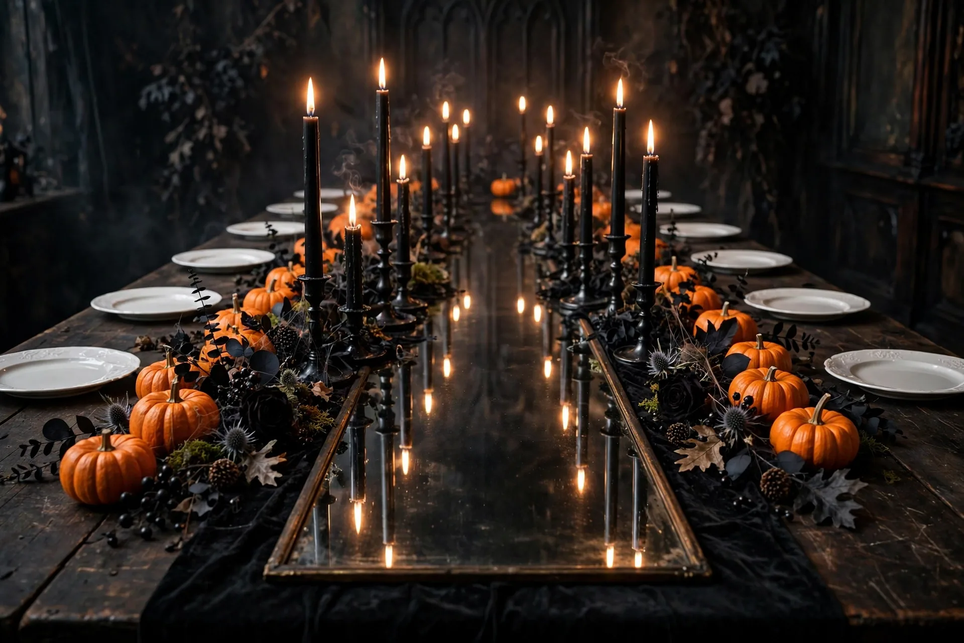 A gothic Halloween tablescape with a long mirror down the center reflecting black taper candles and orange mini pumpkins