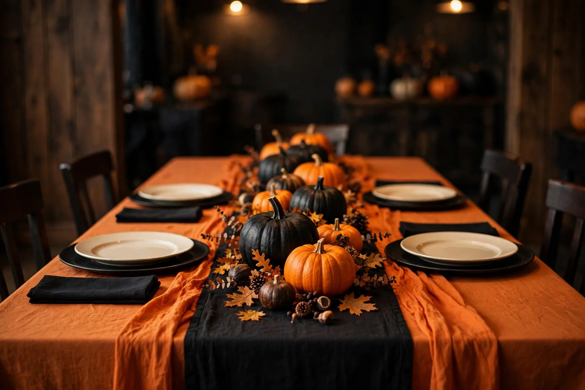 An orange-led Halloween tablescape with an orange tablecloth, black runner, black chargers under cream plates and black-painted pumpkins