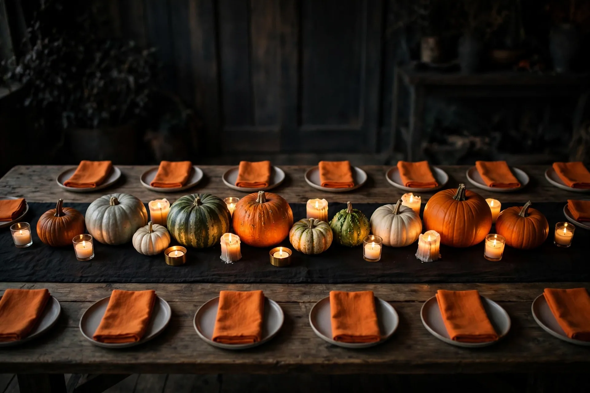 A quick five-minute Halloween tablescape with a black runner, a row of mixed pumpkins and glowing candles in a dim room