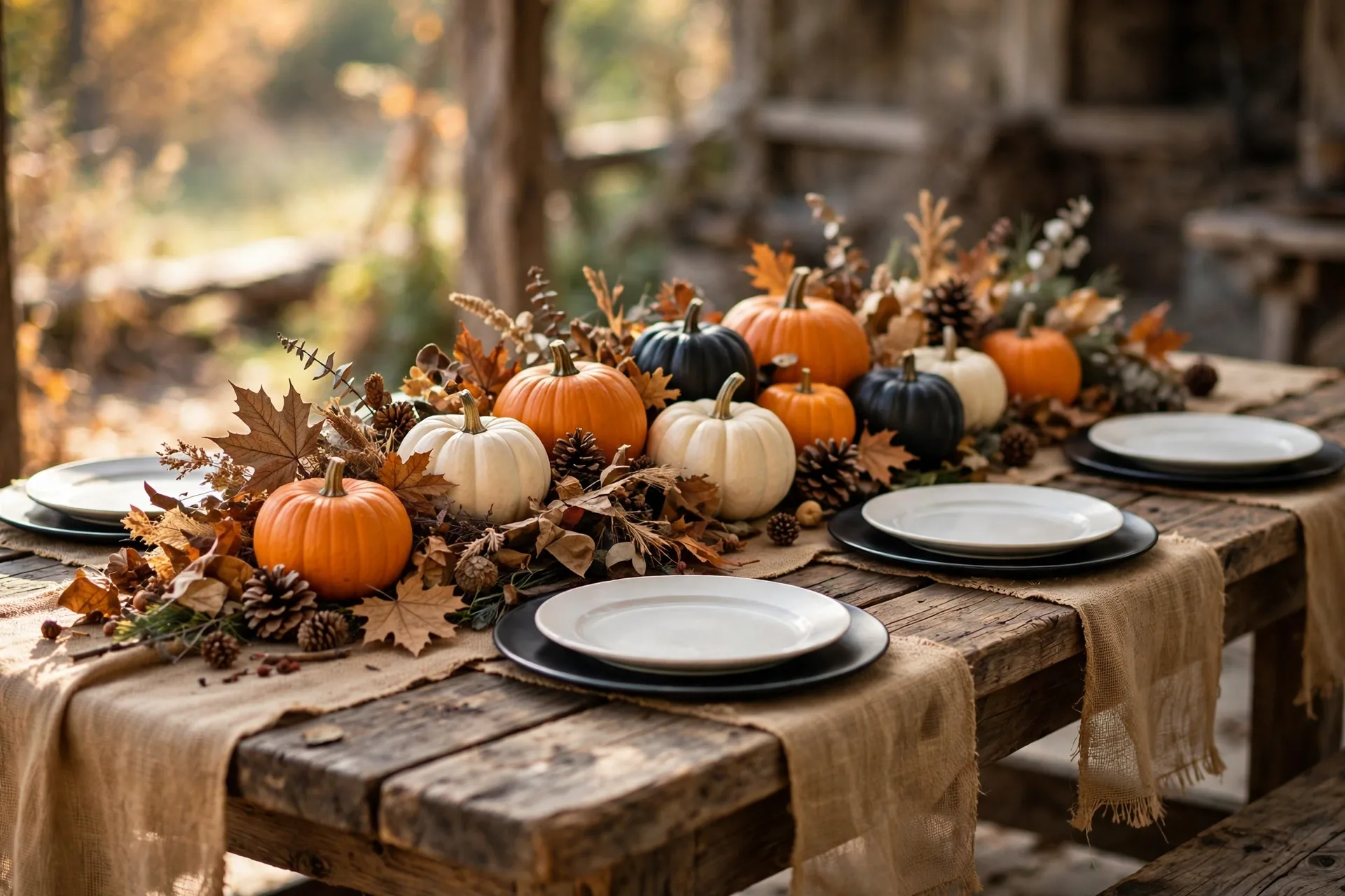 A rustic orange and burlap Halloween tablescape with real pumpkins in orange, cream and black, pinecones and dried leaves