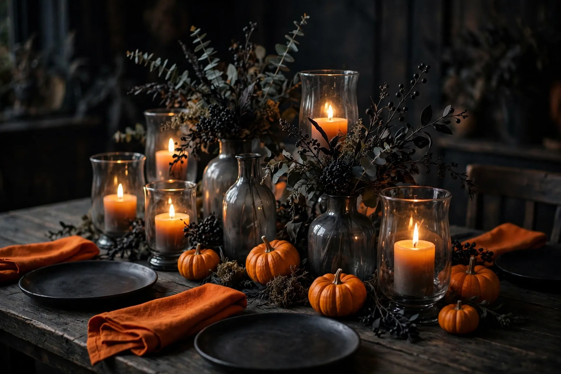 A moody Halloween tablescape with smoky gray glass vases holding glowing orange candles and orange mini pumpkins