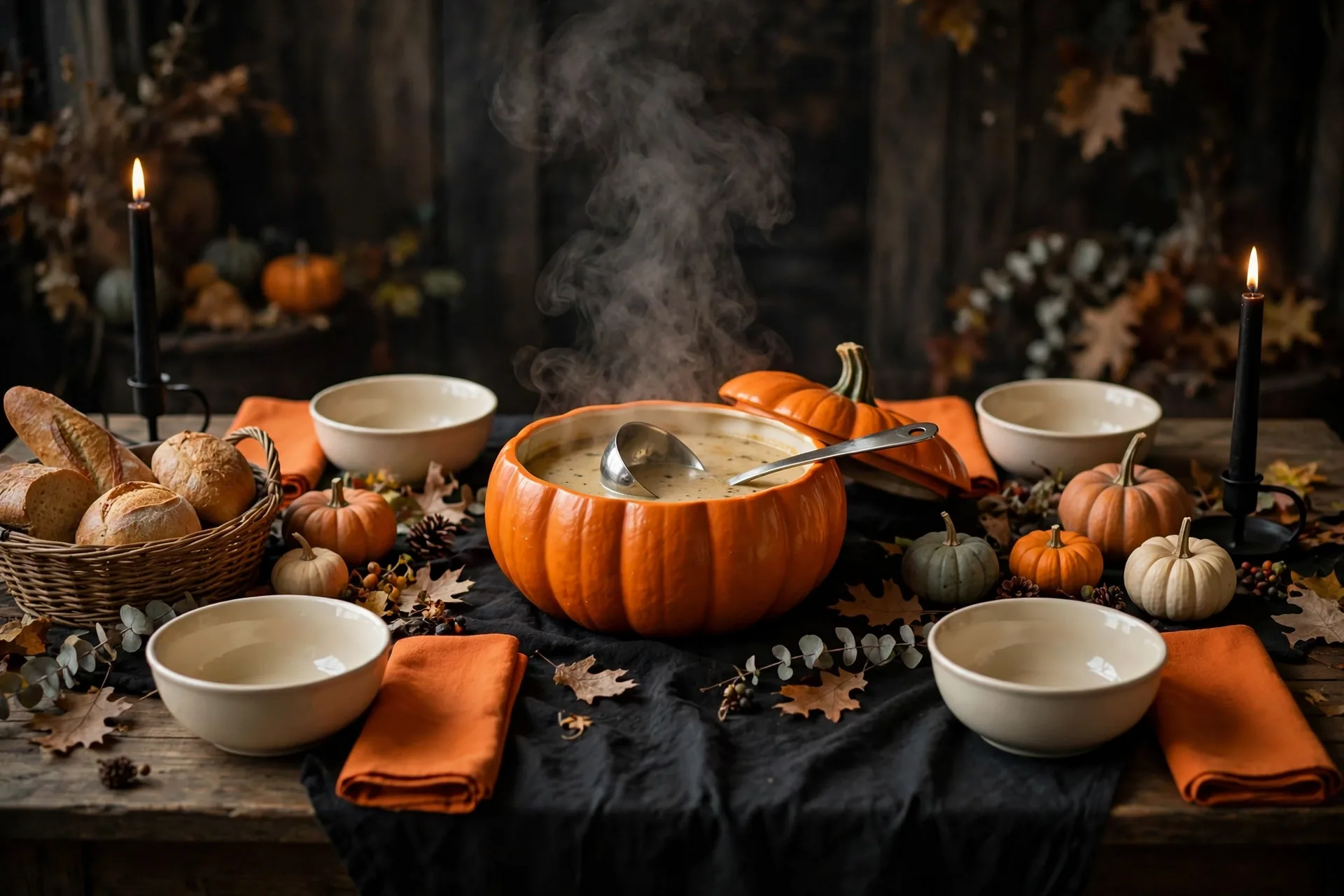 A cozy Halloween supper table built around a big orange soup tureen with a ladle, black cloth, cream soup bowls and small pumpkins