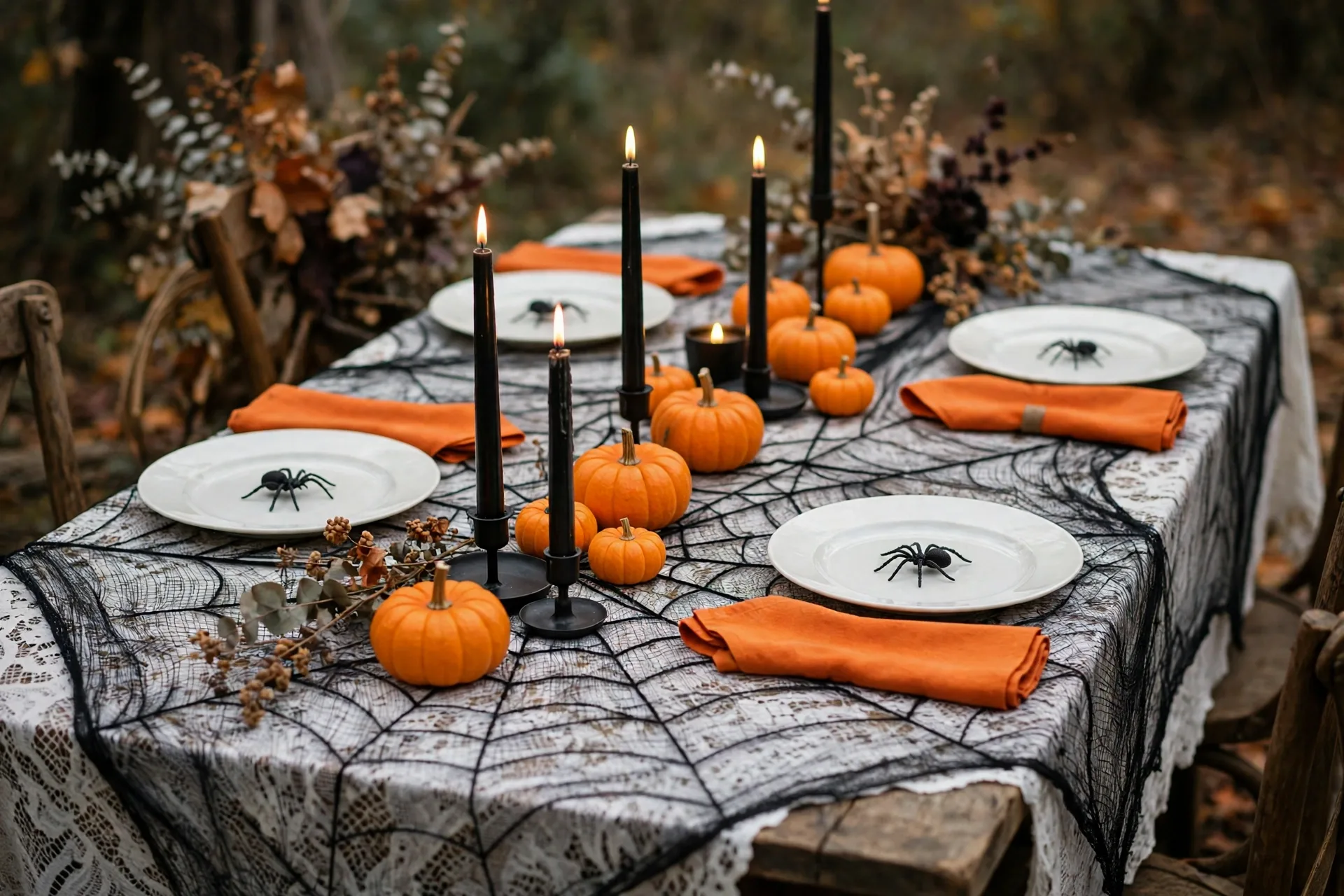 A pretty Halloween dining table with a white lace cloth, black spiderweb overlay, orange napkins and small orange pumpkins