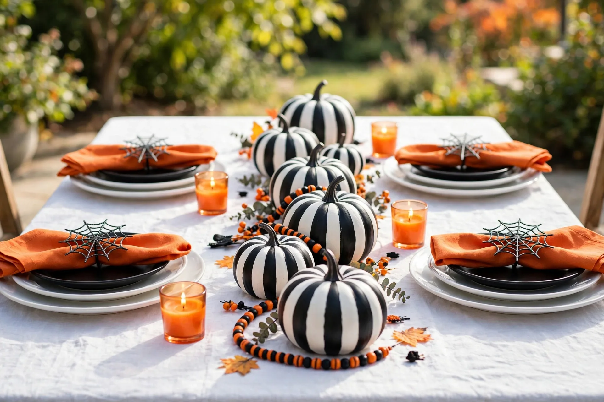 A playful black, white and orange Halloween tablescape with striped pumpkins, orange napkins, black dessert plates and orange votives