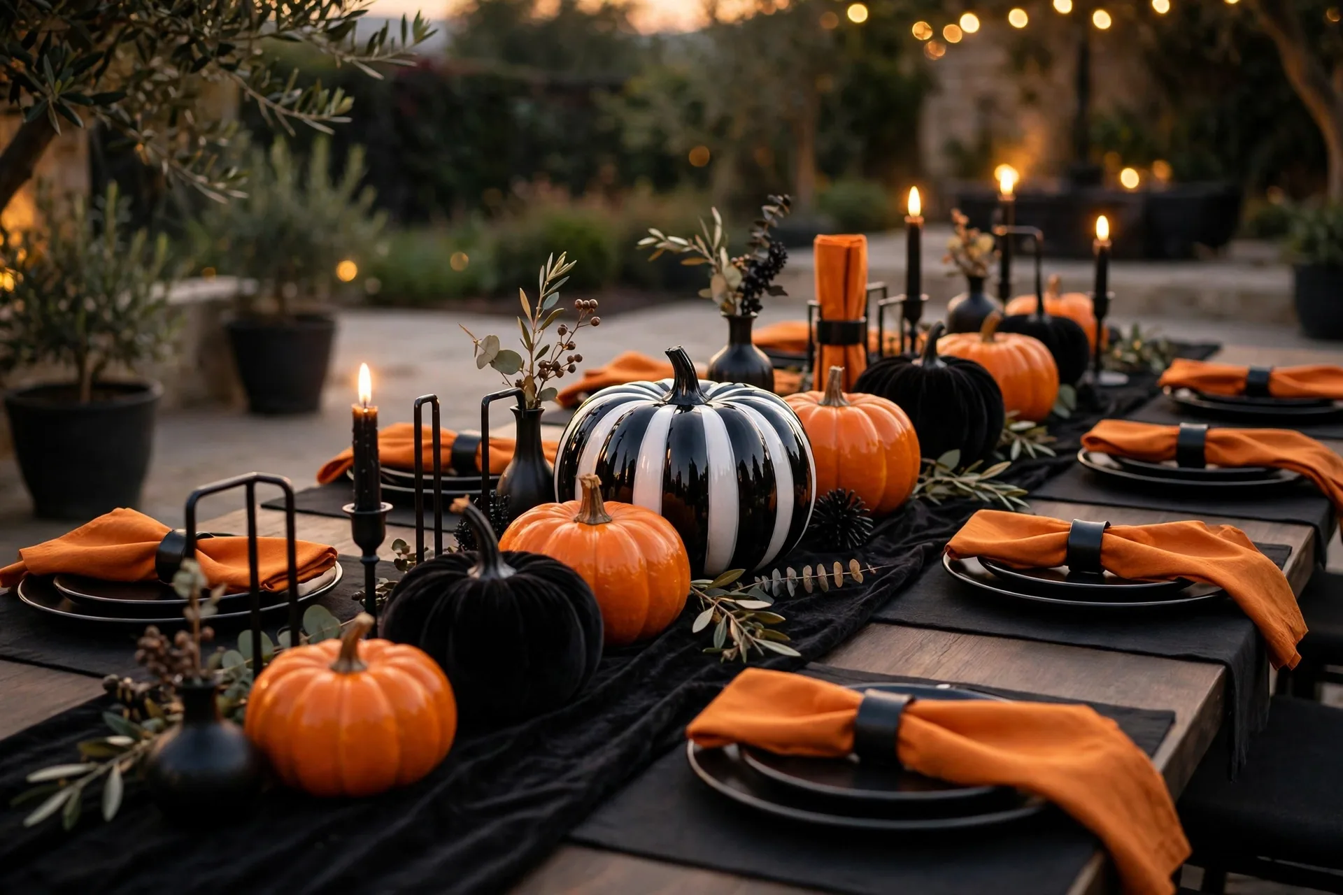 A black-led Halloween tablescape with matte black velvet pumpkins alternating with glossy real orange pumpkins, orange napkins and black plates