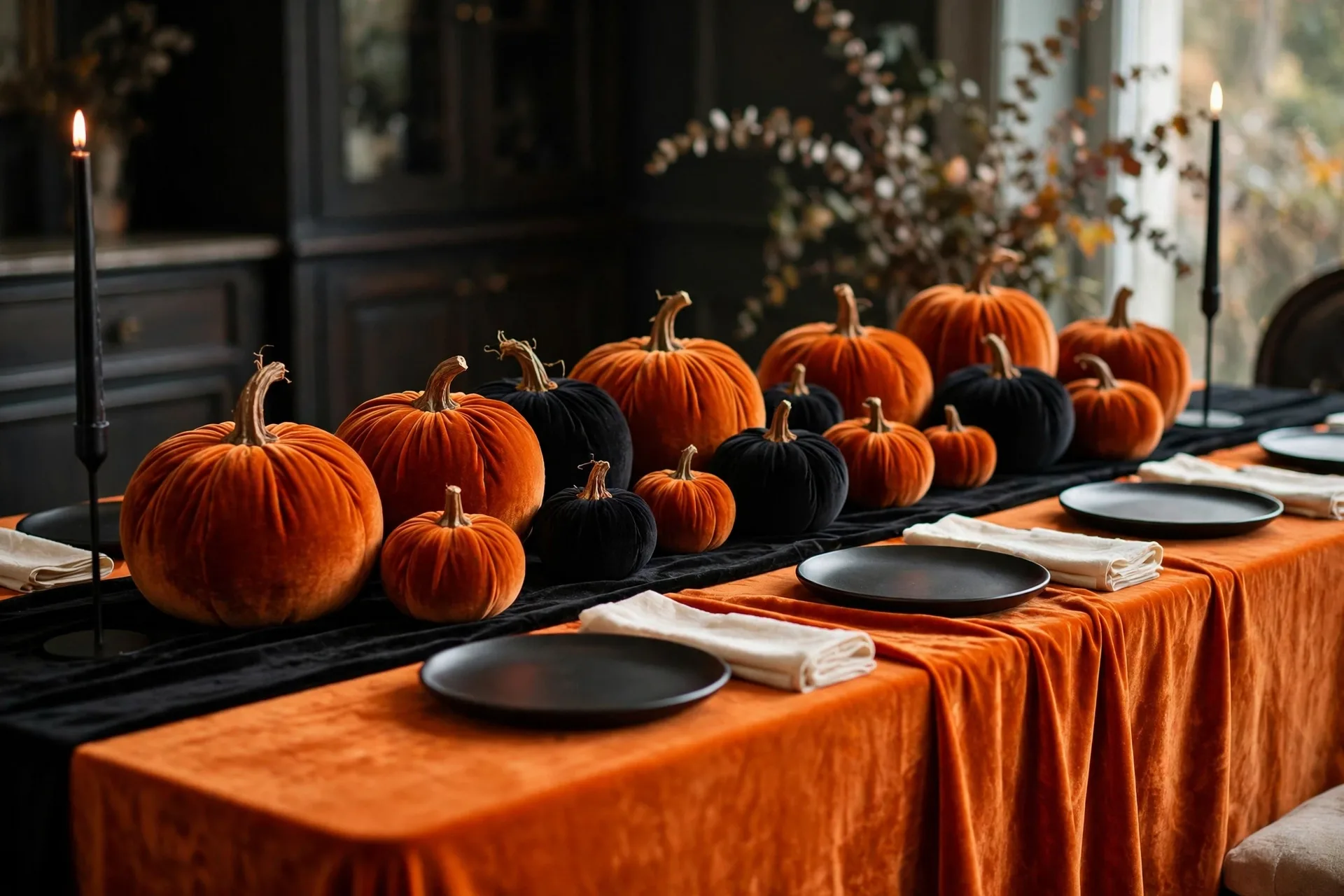 A Halloween table with deep orange velvet pumpkins in different sizes down a black runner mixed with matte black velvet pumpkins