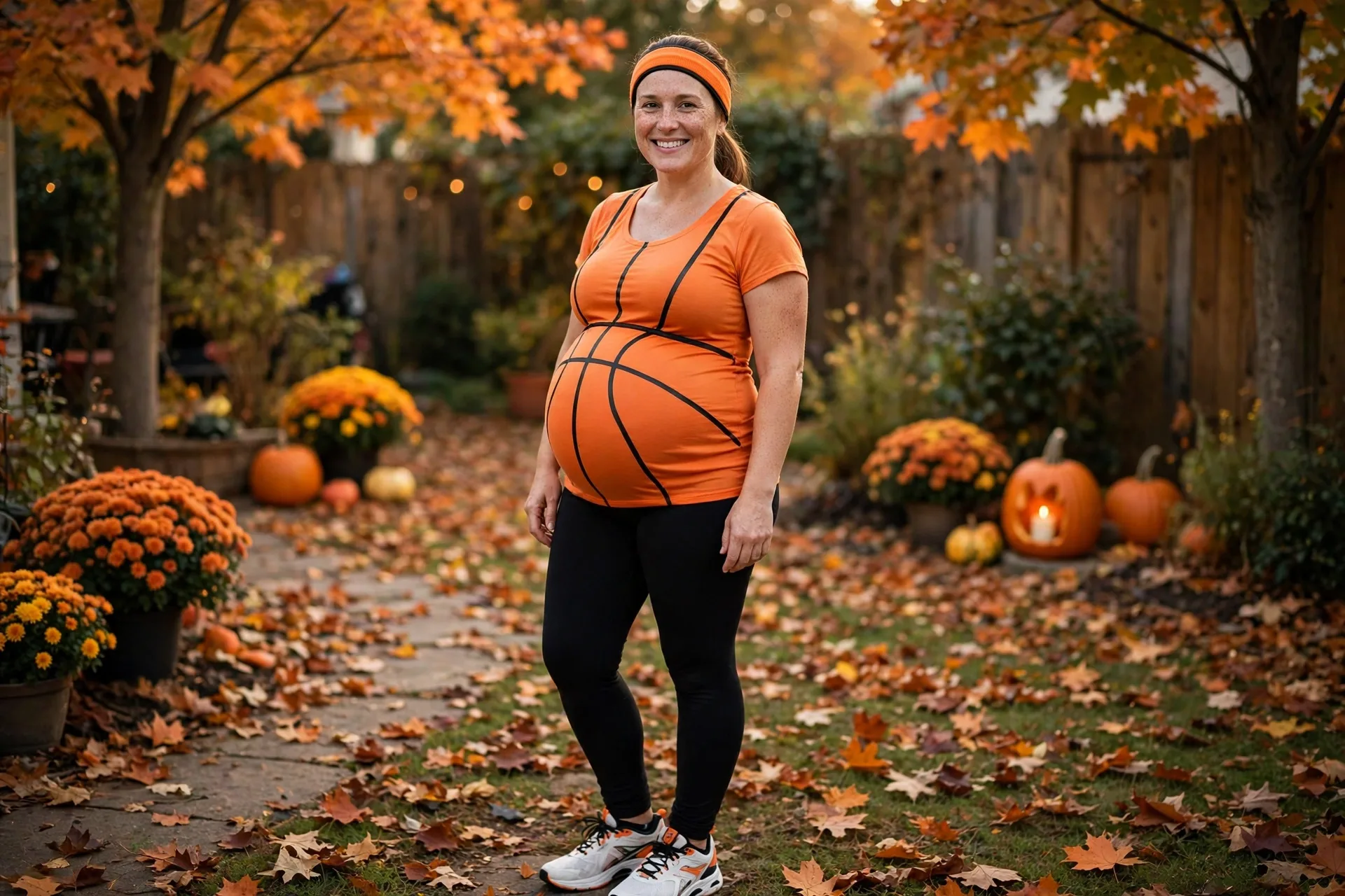 Pregnant mom dressed as a basketball with an orange maternity top and black seam lines over her bump