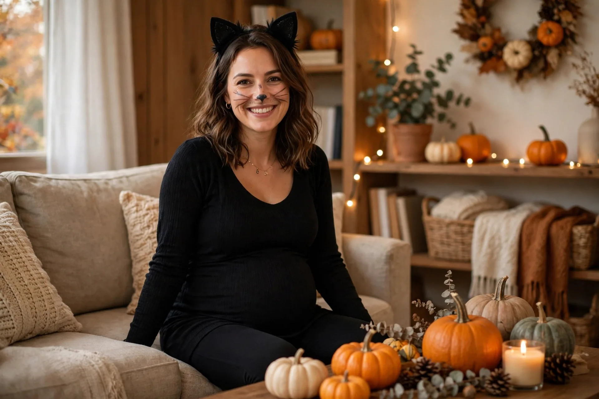 Pregnant mom dressed as a black cat with a black maternity top, felt ears and painted whiskers