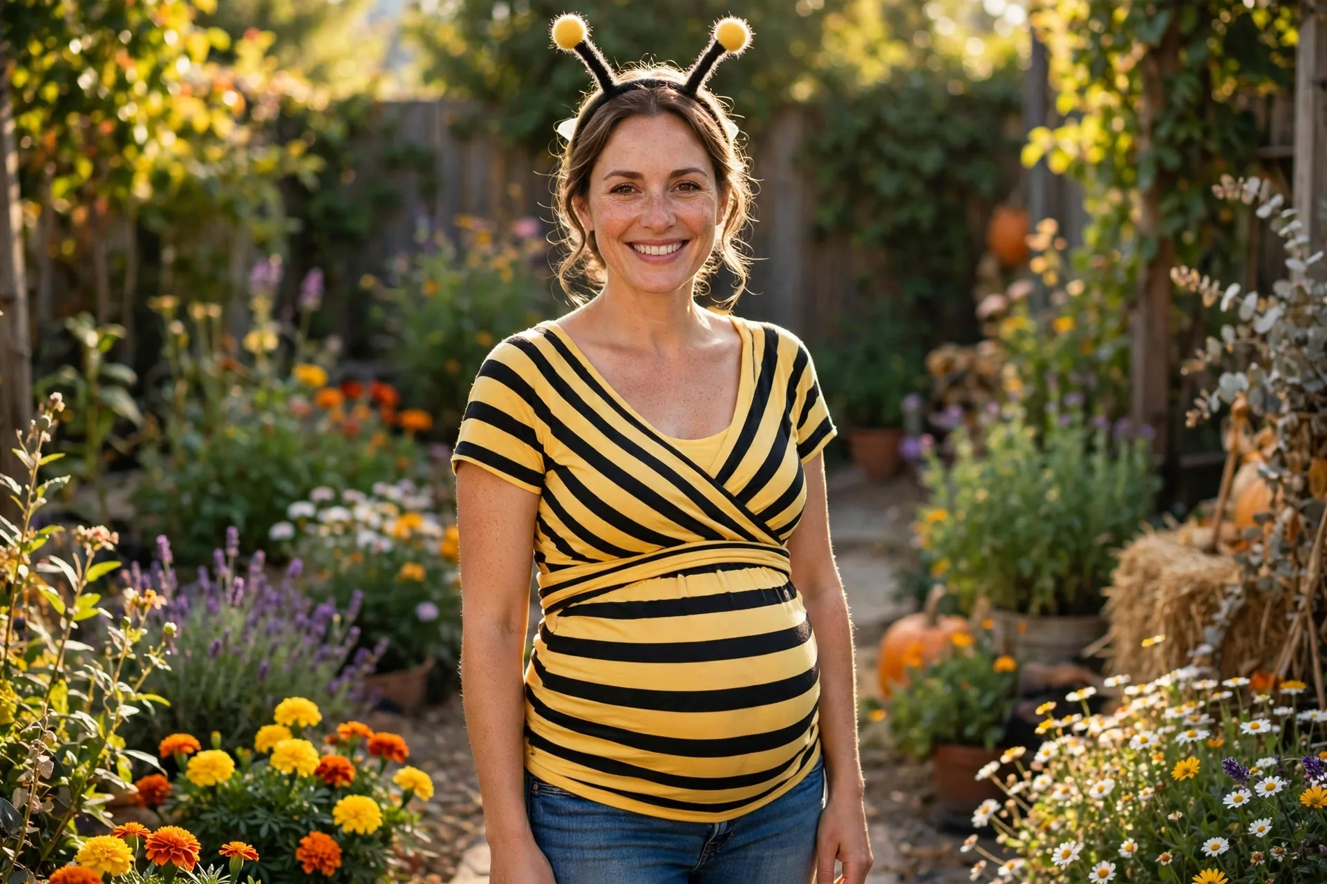 Pregnant mom dressed as a bumblebee with a yellow maternity top, black stripes and felt antennae