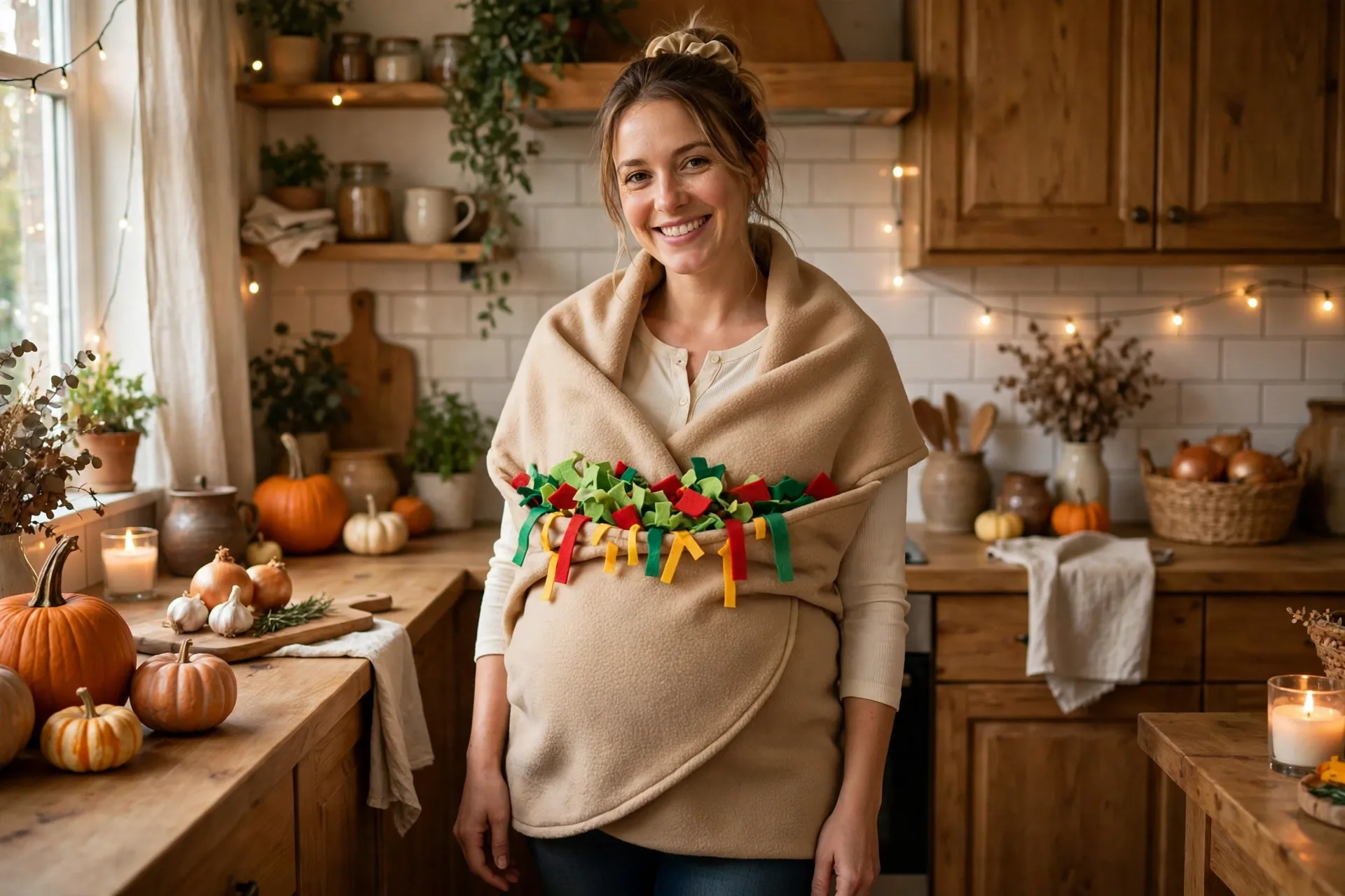 Pregnant mom dressed as a burrito with a soft tan fleece wrap and felt filling strips over her bump