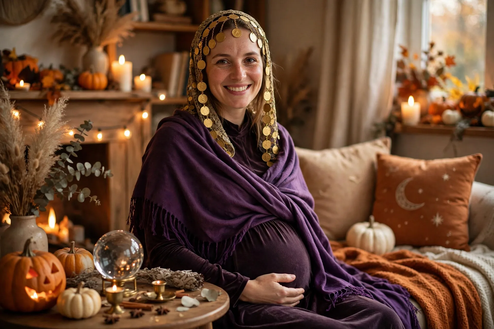 Pregnant mom dressed as a fortune teller with a purple shawl, gold coin scarf and crystal ball