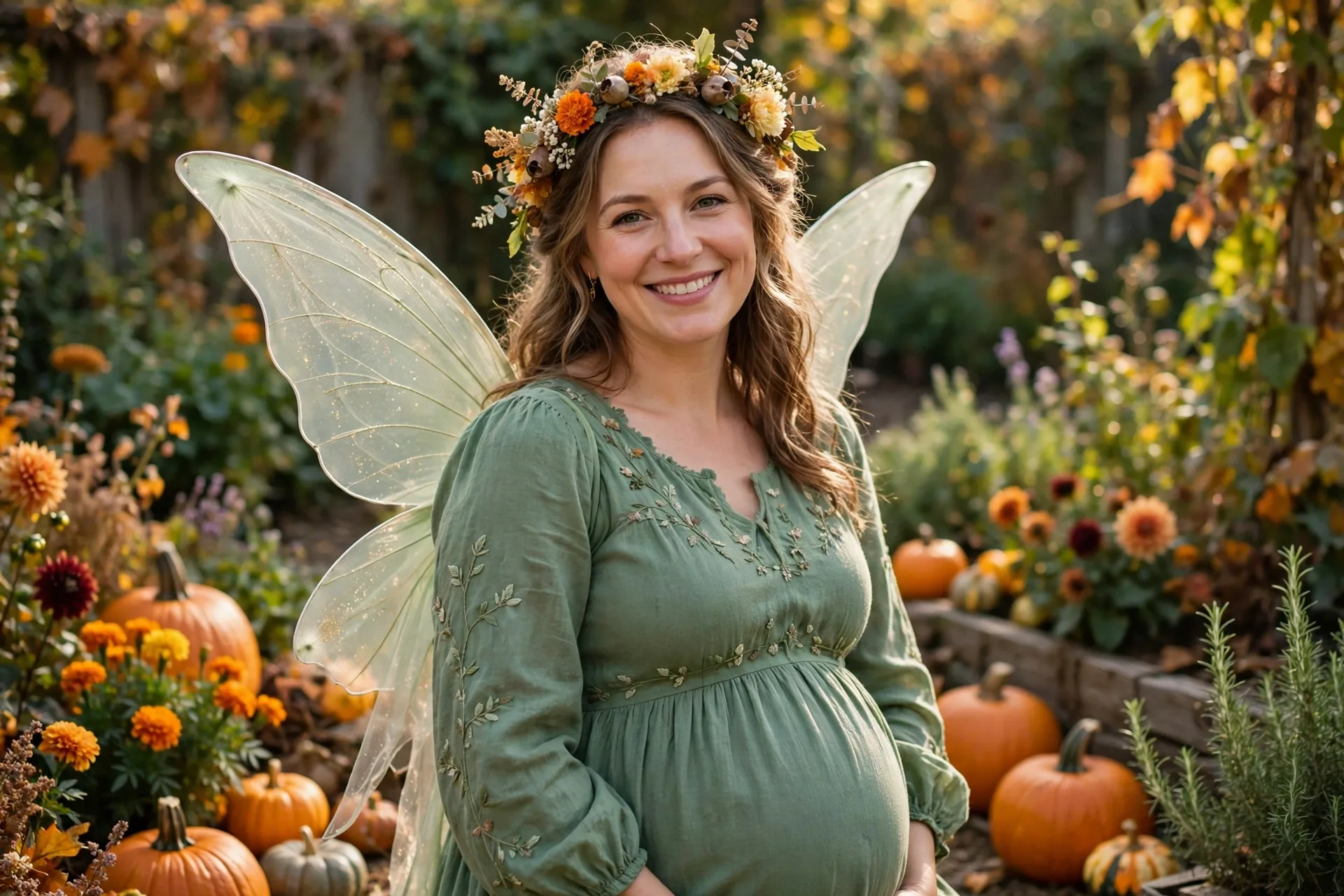 Pregnant mom dressed as a garden fairy with a soft green dress, sheer wings and flower crown