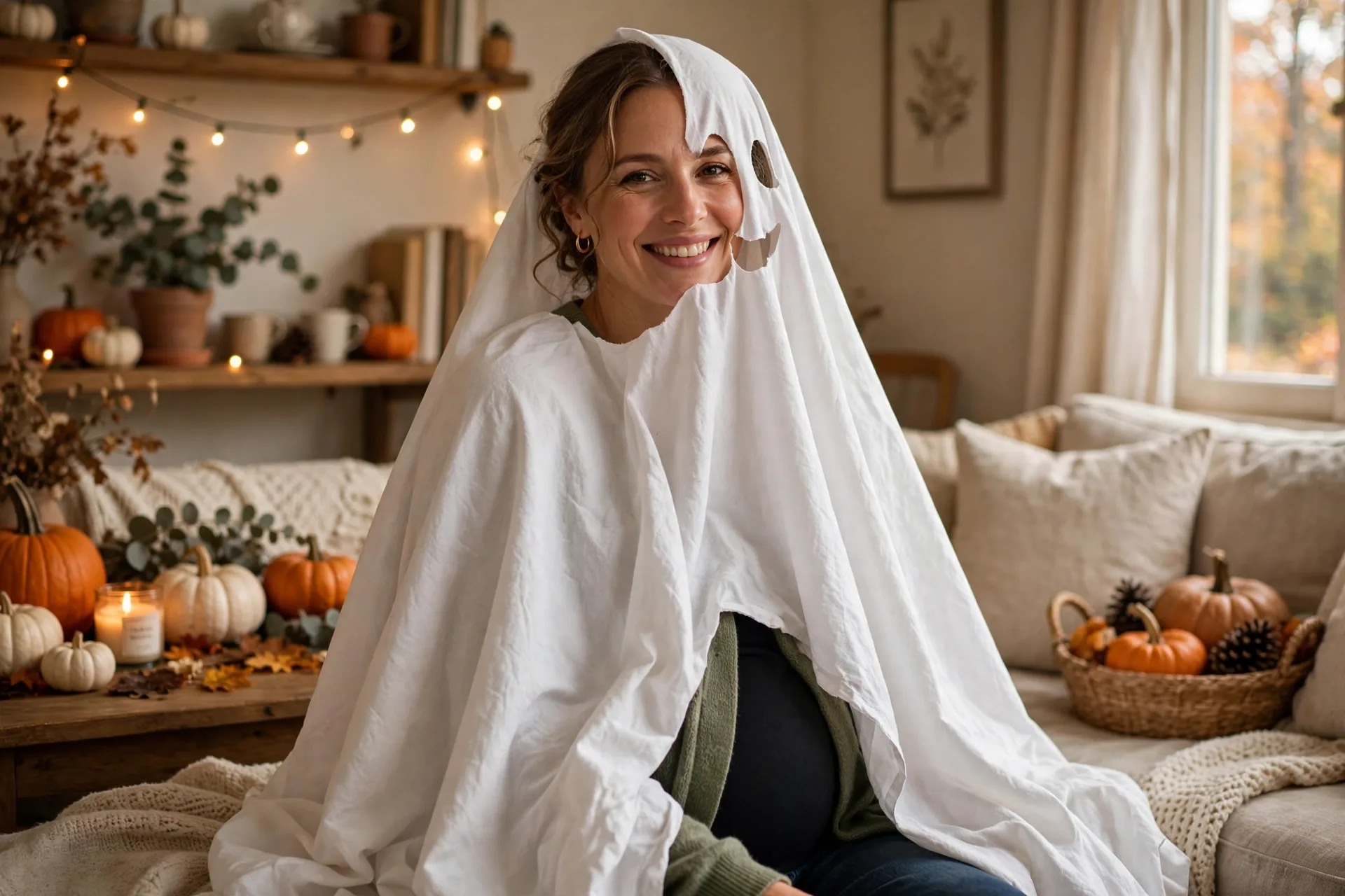 Pregnant mom dressed as a friendly ghost with a soft white sheet and big paper eyes