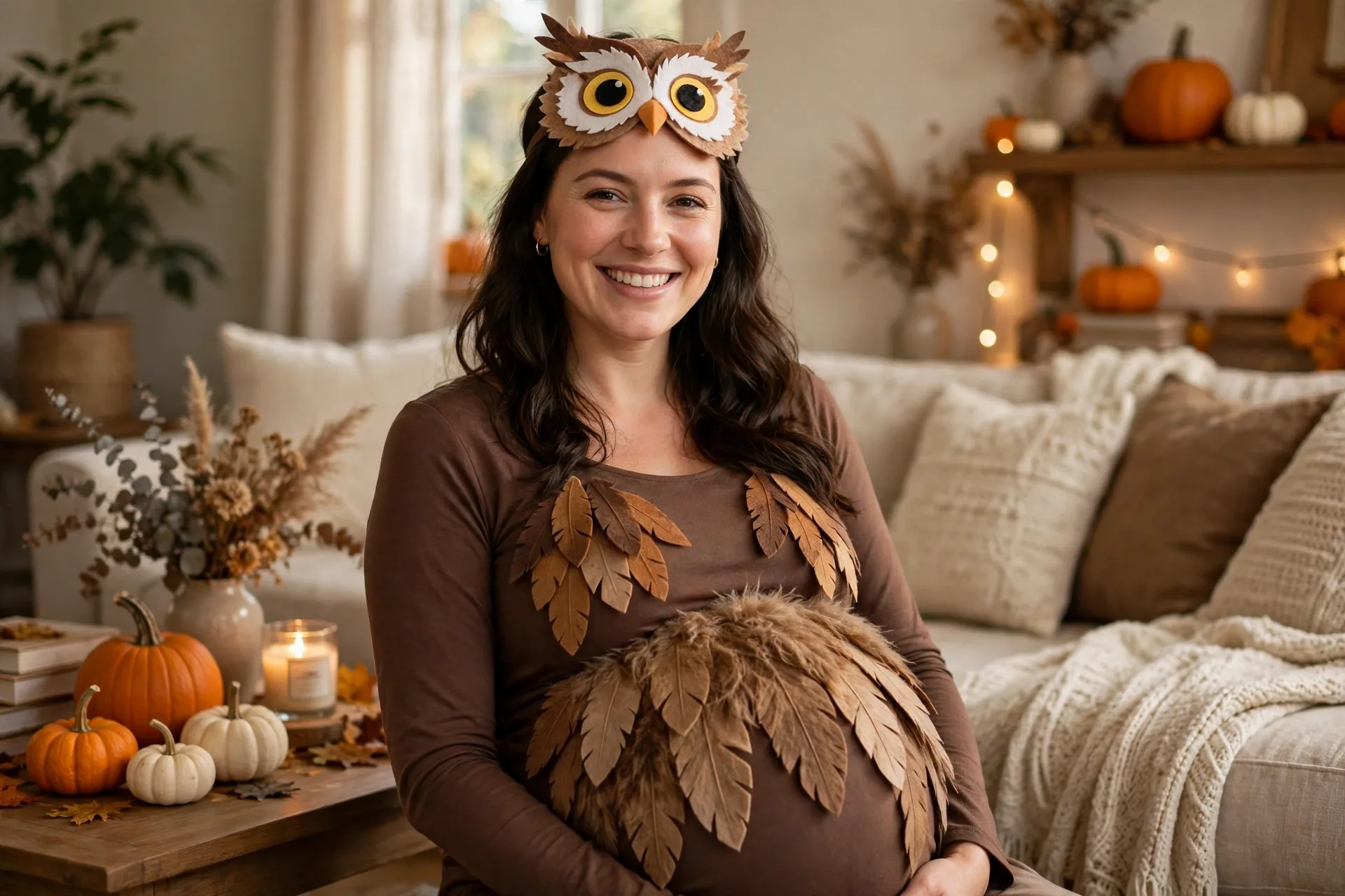 Pregnant mom dressed as an owl with brown felt feathers and big paper eyes over her bump
