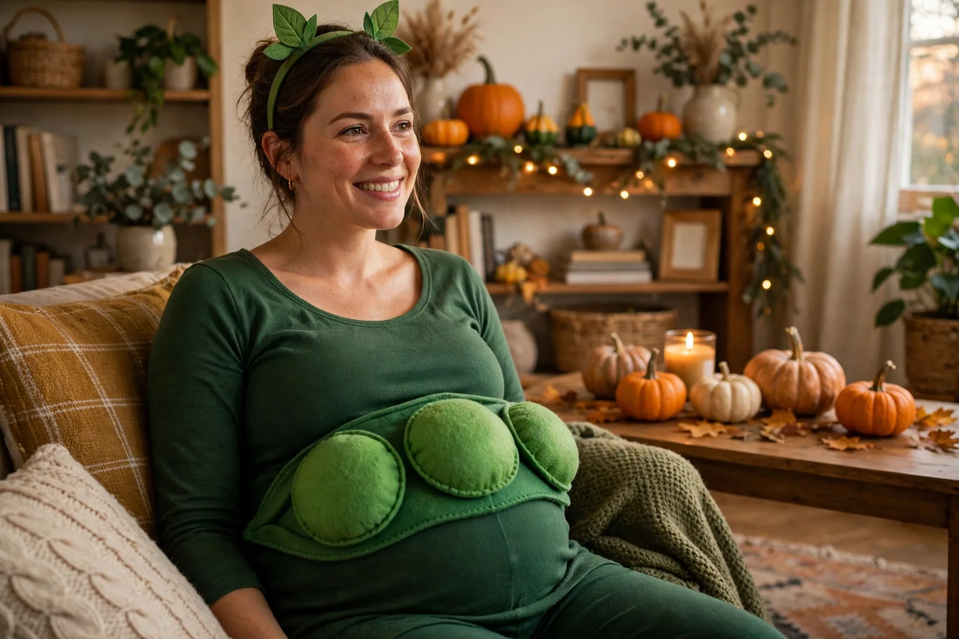Pregnant mom dressed as a pea in a pod with three big green felt pea circles over her bump